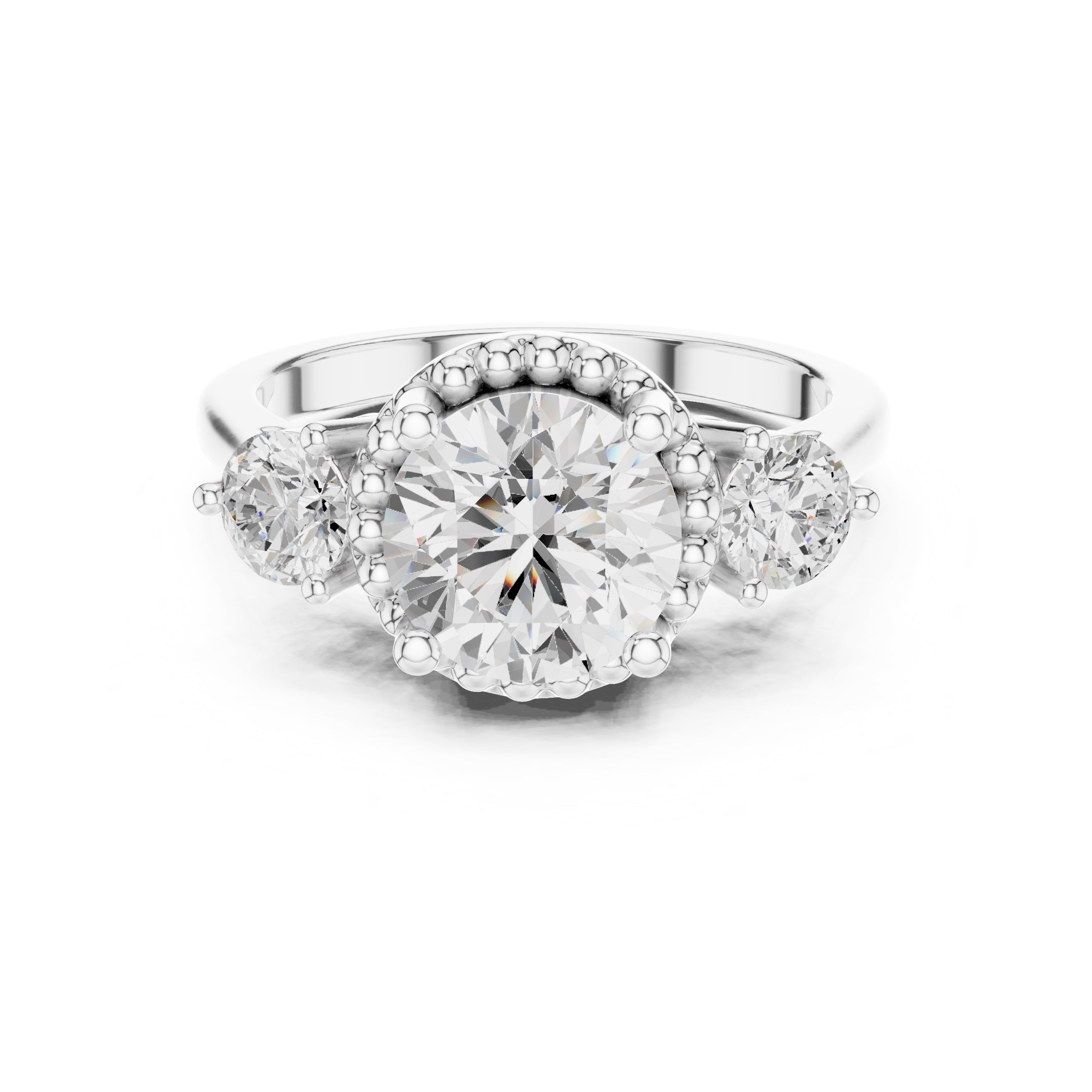 2.00 ct Round Milgrain Halo Three Stone Ring 2ct White Gold