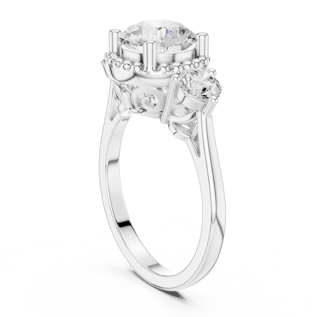 2.00 ct Round Milgrain Halo Three Stone Ring 2ct White Gold