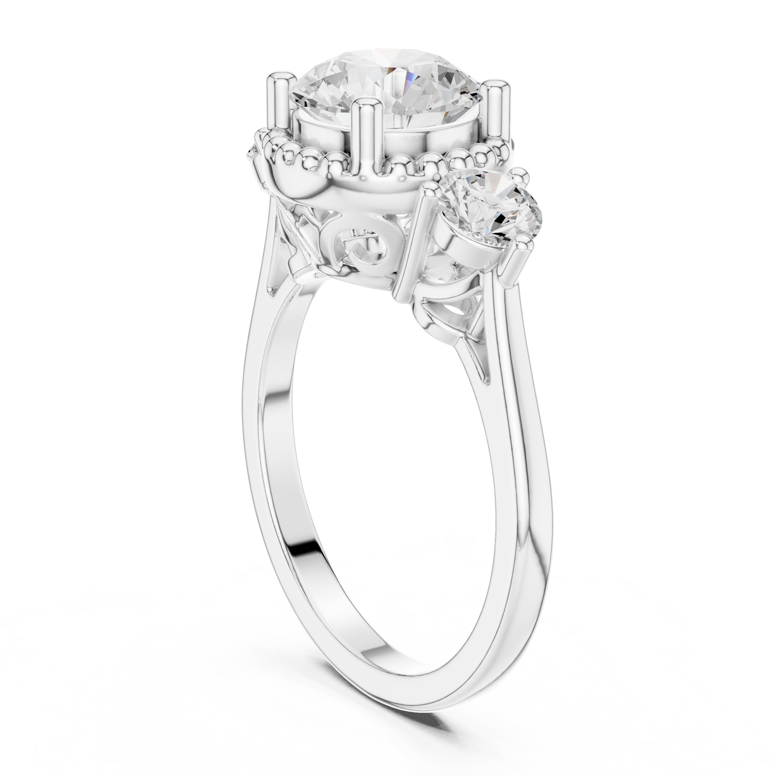2.00 ct Round Milgrain Halo Three Stone Ring 2ct White Gold