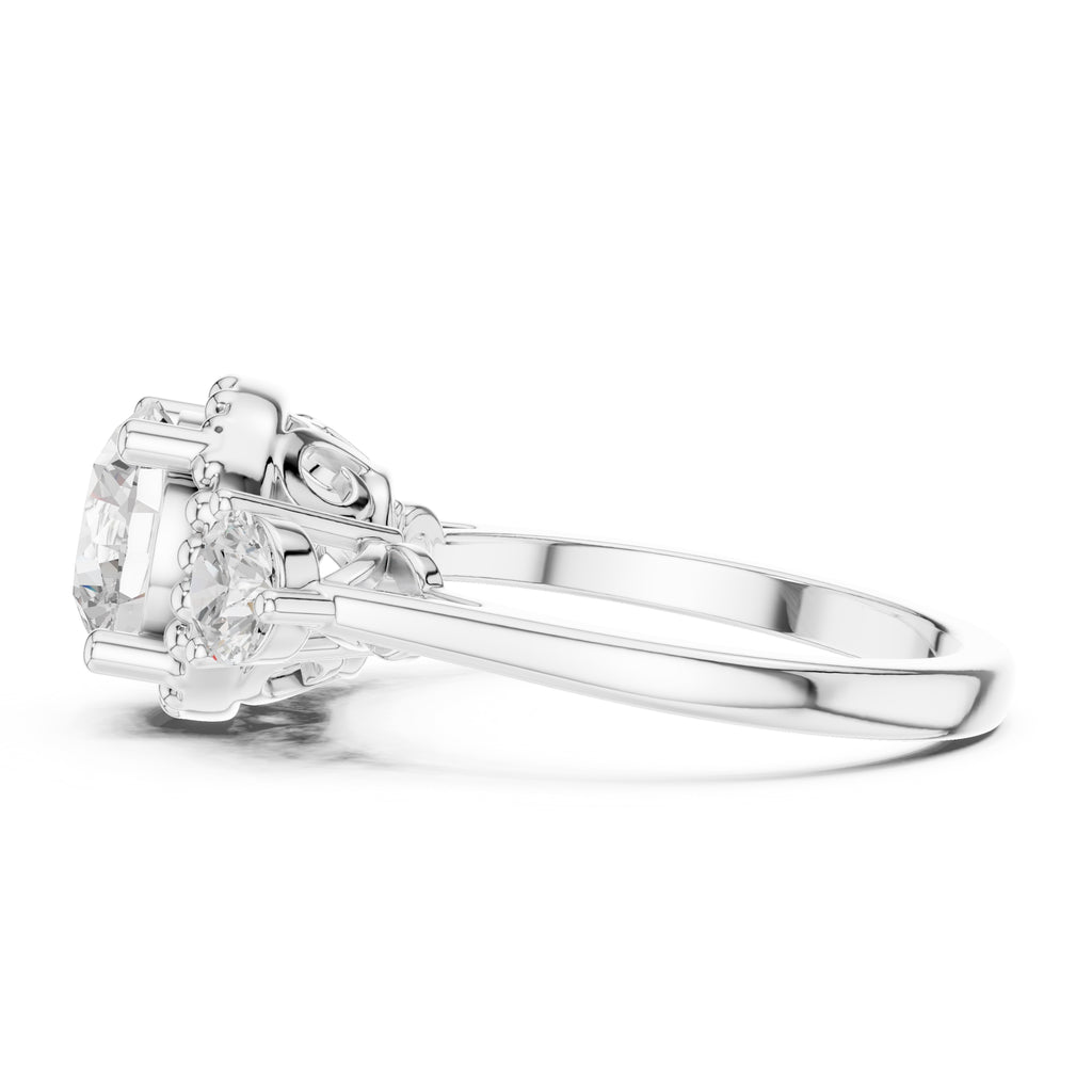 2.00 ct Round Milgrain Halo Three Stone Ring 2ct White Gold
