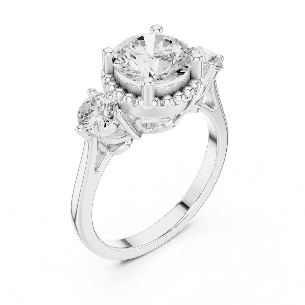 2.00 ct Round Milgrain Halo Three Stone Ring 2ct White Gold
