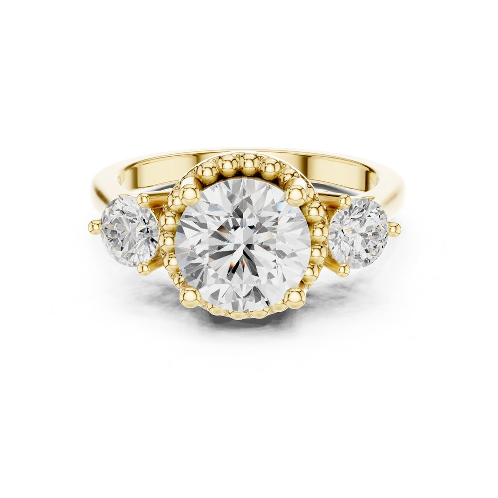 2.00 ct Round Milgrain Halo Three Stone Ring 2ct Yellow Gold