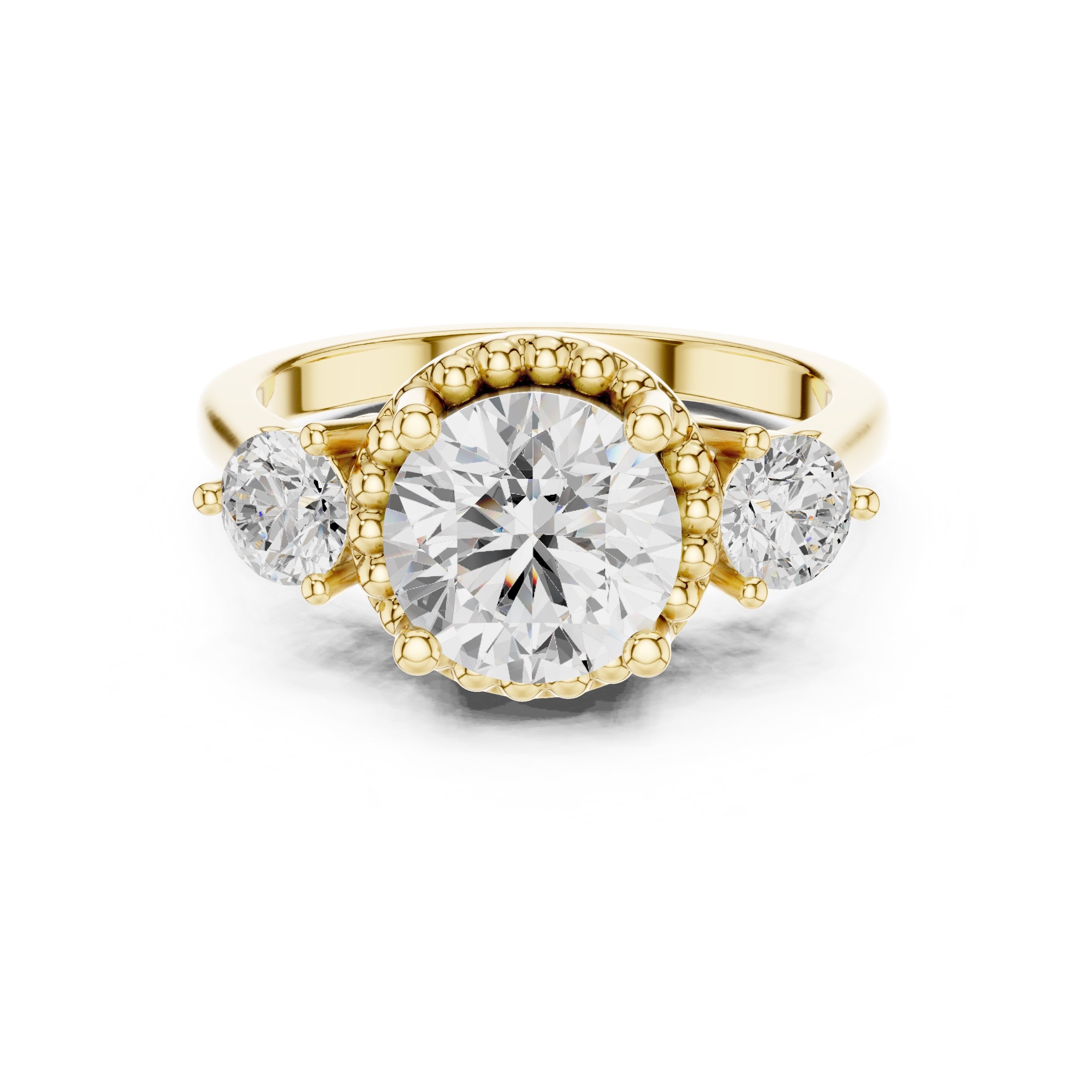 2.00 ct Round Milgrain Halo Three Stone Ring 2ct Yellow Gold
