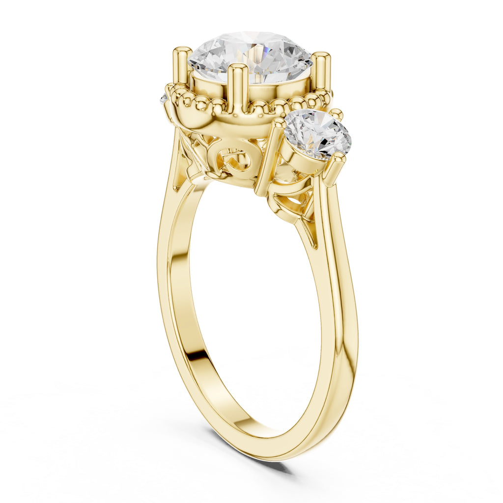2.00 ct Round Milgrain Halo Three Stone Ring 2ct Yellow Gold