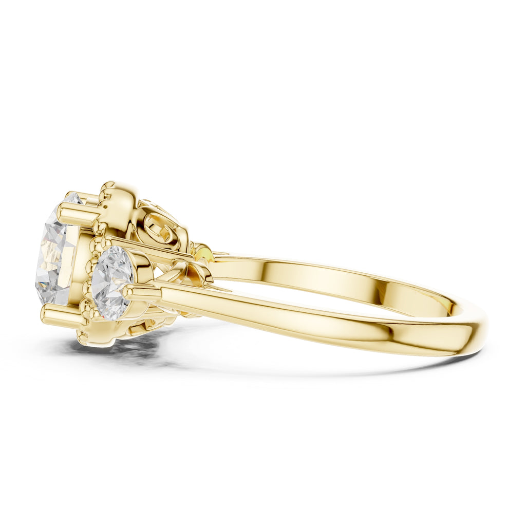 2.00 ct Round Milgrain Halo Three Stone Ring 2ct Yellow Gold