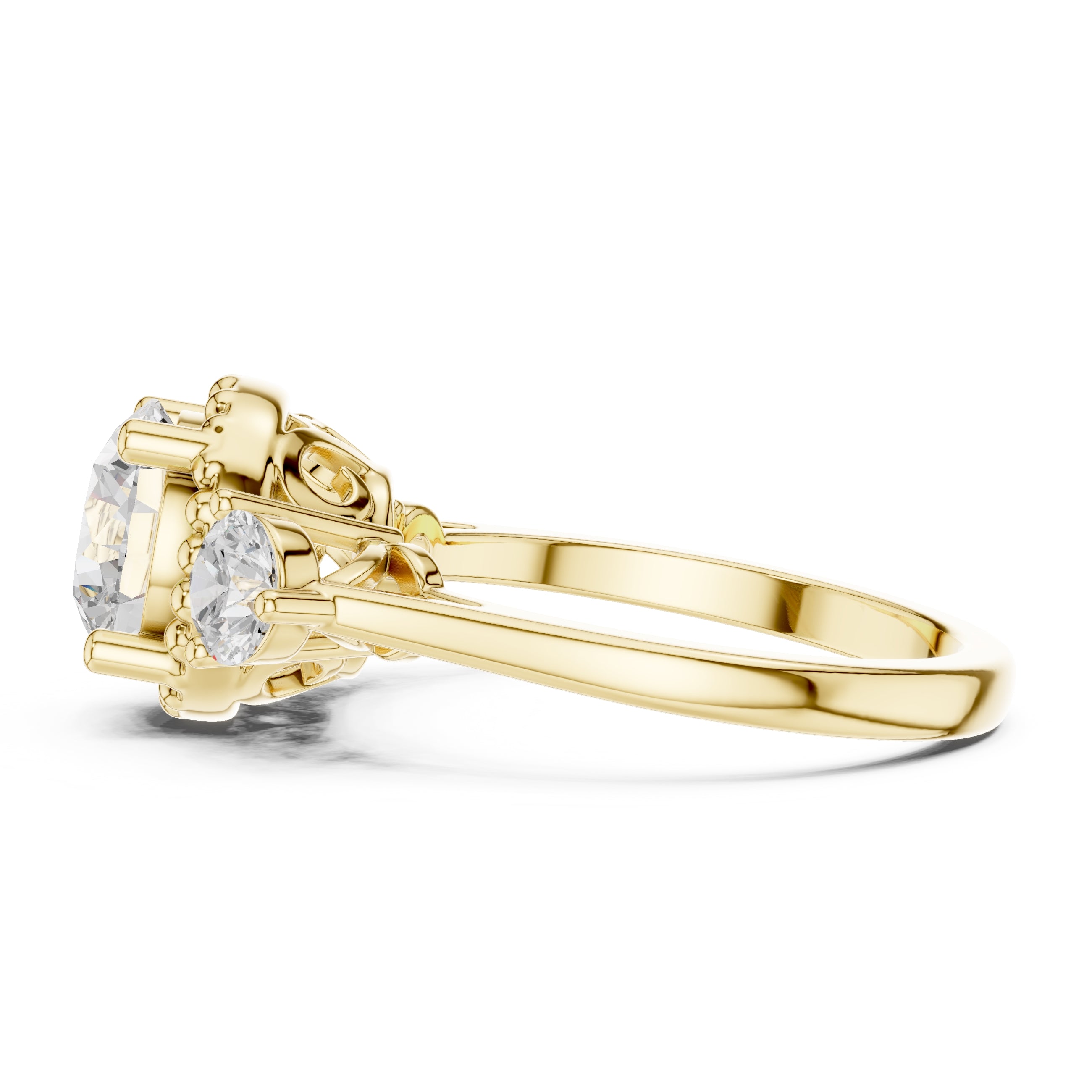 2.00 ct Round Milgrain Halo Three Stone Ring 2ct Yellow Gold