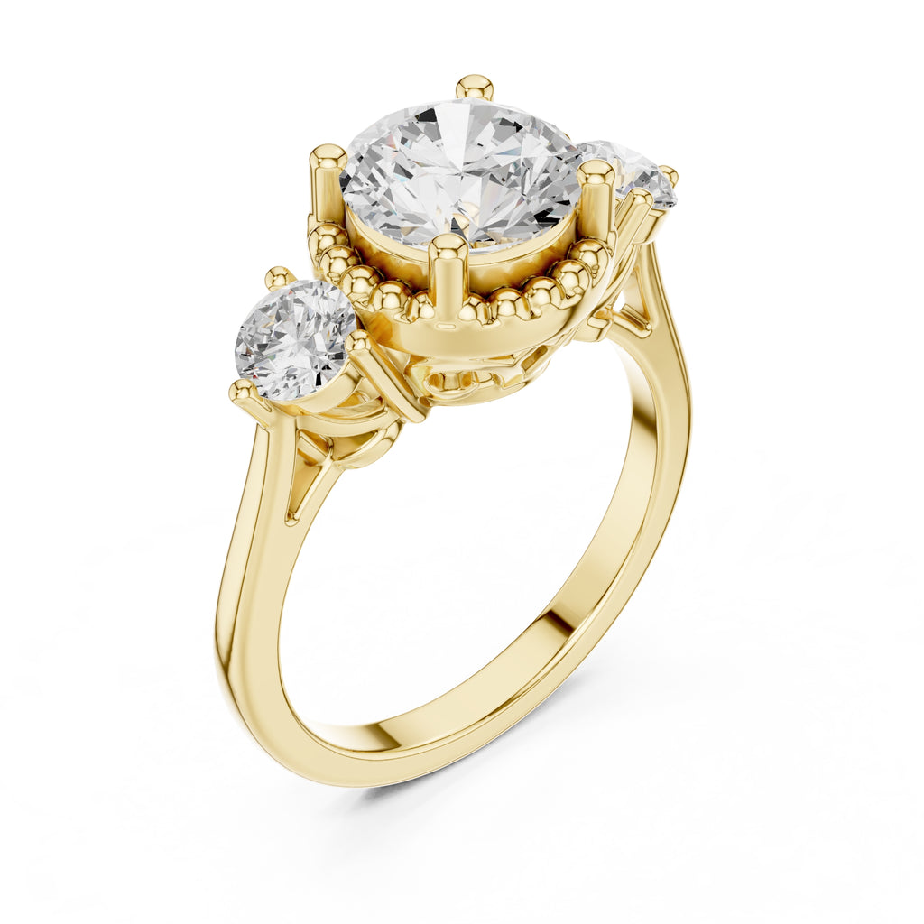 2.00 ct Round Milgrain Halo Three Stone Ring 2ct Yellow Gold