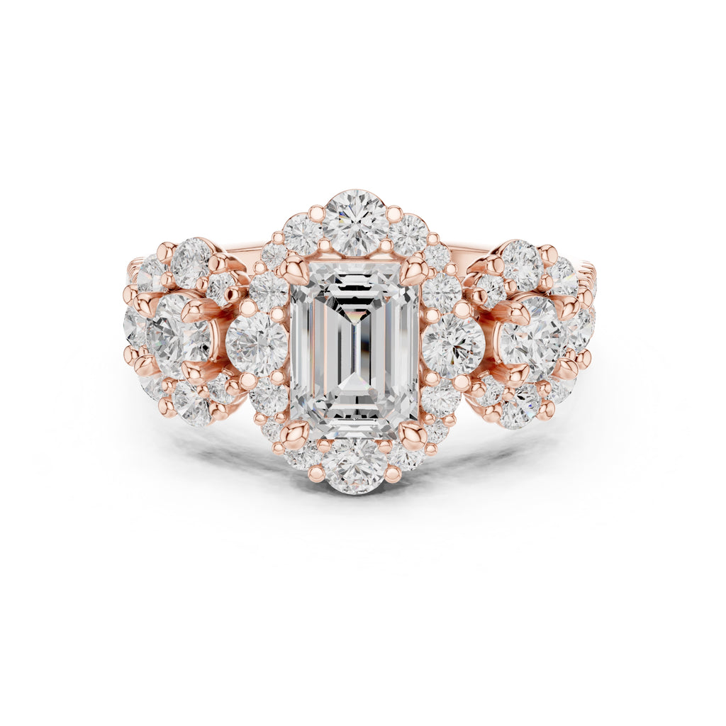 0.30 ct Emerald Cut Cluster Halo Ring 0.3ct Rose Gold