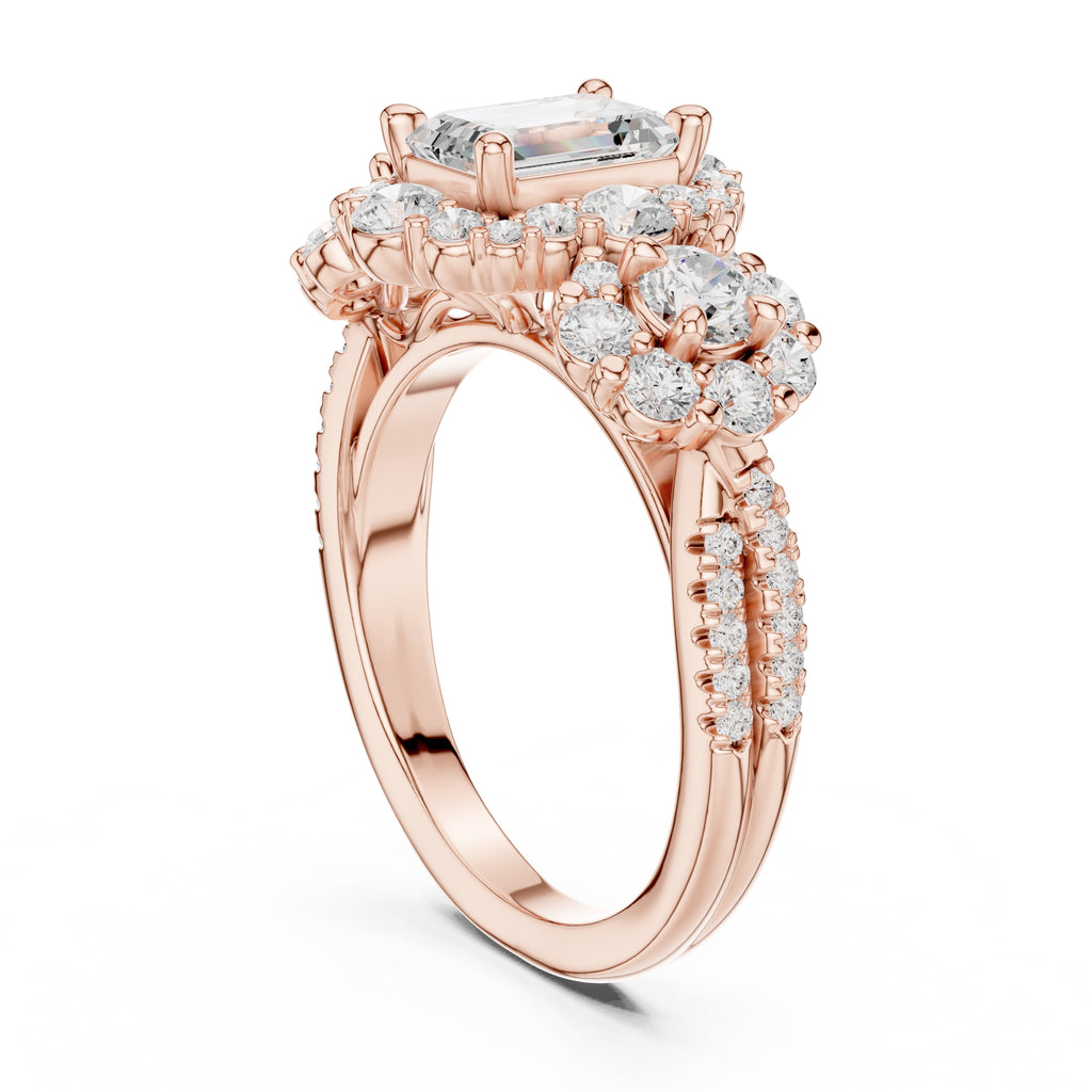 0.30 ct Emerald Cut Cluster Halo Ring 0.3ct Rose Gold