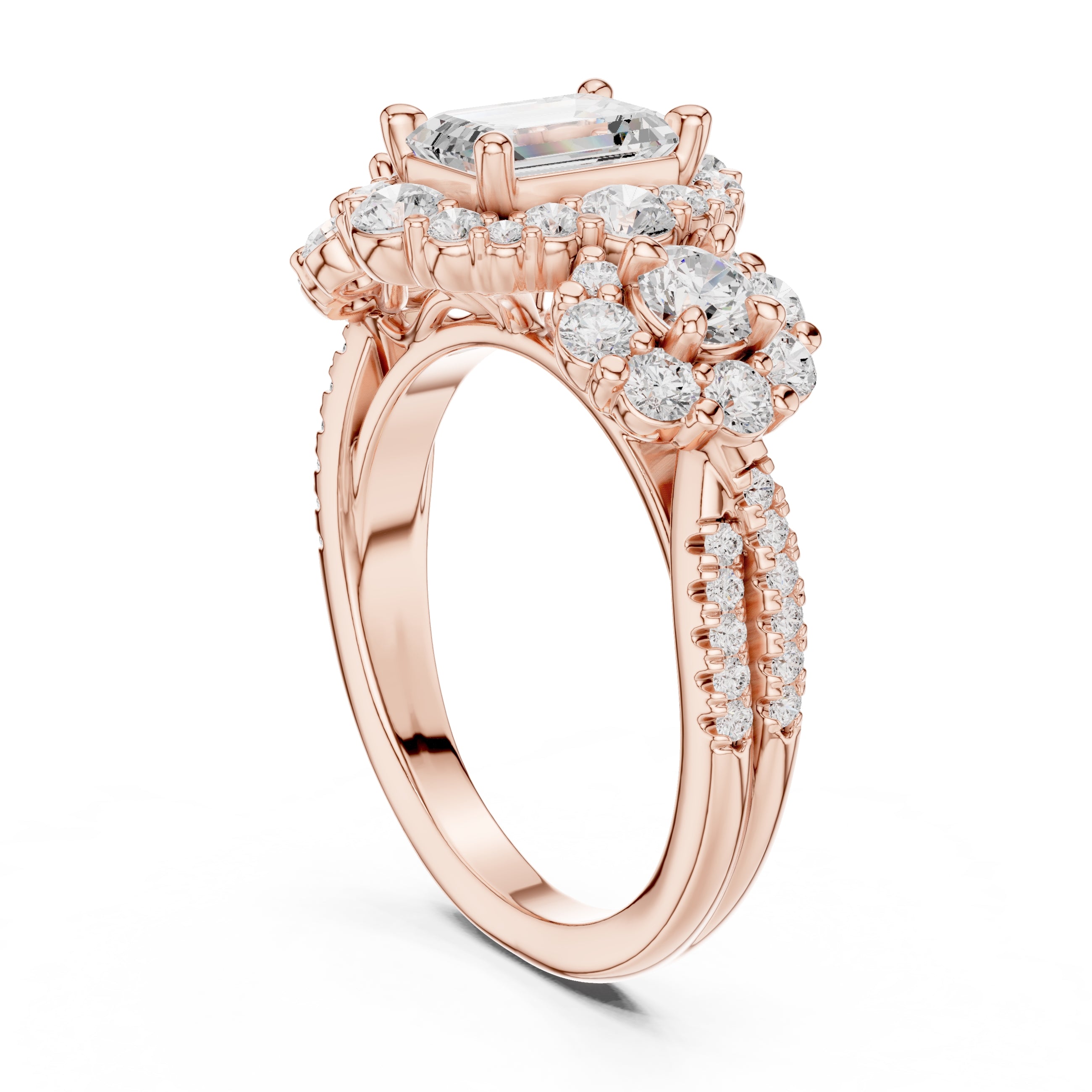 0.30 ct Emerald Cut Cluster Halo Ring 0.3ct Rose Gold