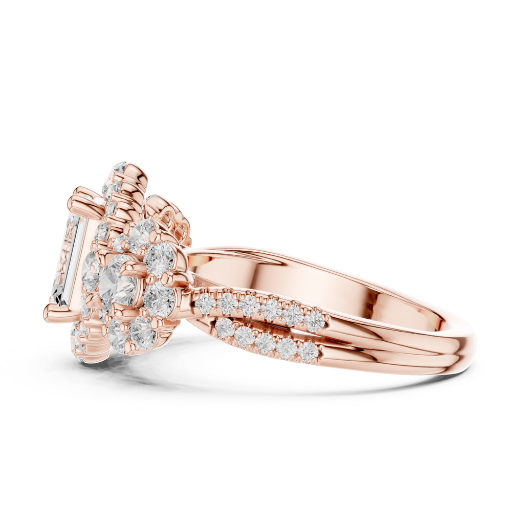 0.30 ct Emerald Cut Cluster Halo Ring 0.3ct Rose Gold