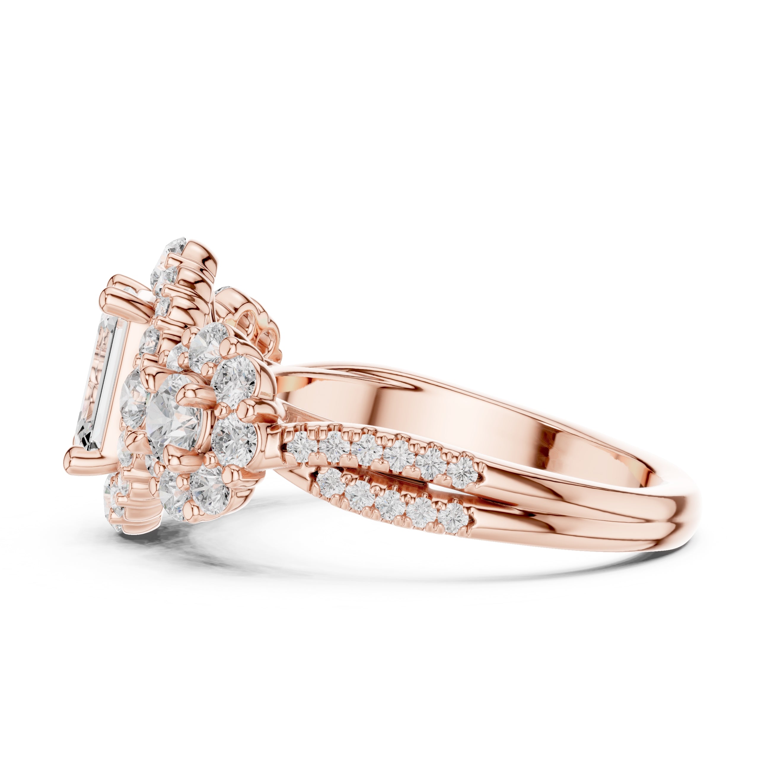 0.30 ct Emerald Cut Cluster Halo Ring 0.3ct Rose Gold