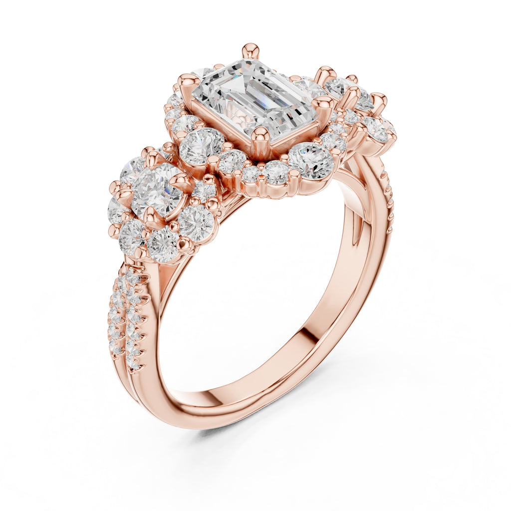 0.30 ct Emerald Cut Cluster Halo Ring 0.3ct Rose Gold