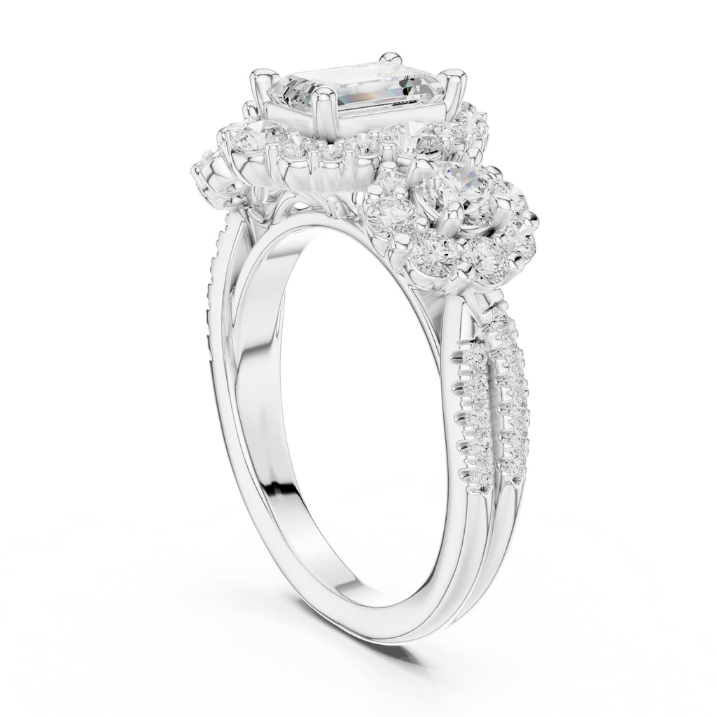 0.30 ct Emerald Cut Cluster Halo Ring 0.3ct White Gold