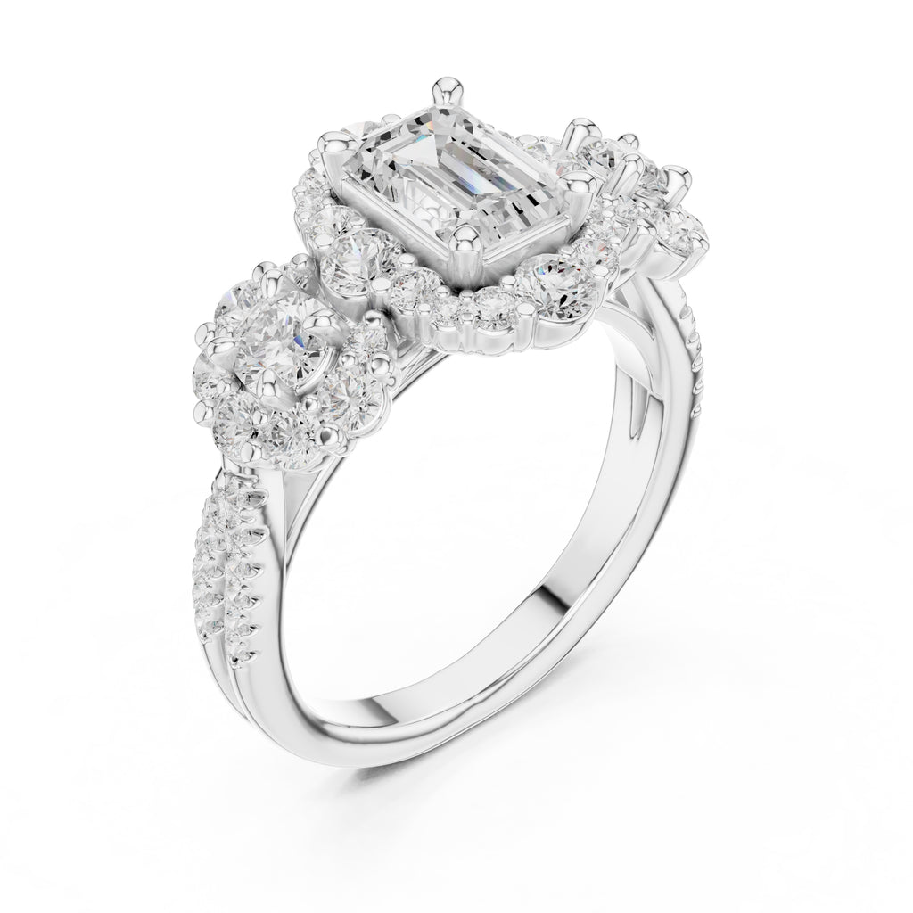 0.30 ct Emerald Cut Cluster Halo Ring 0.3ct White Gold