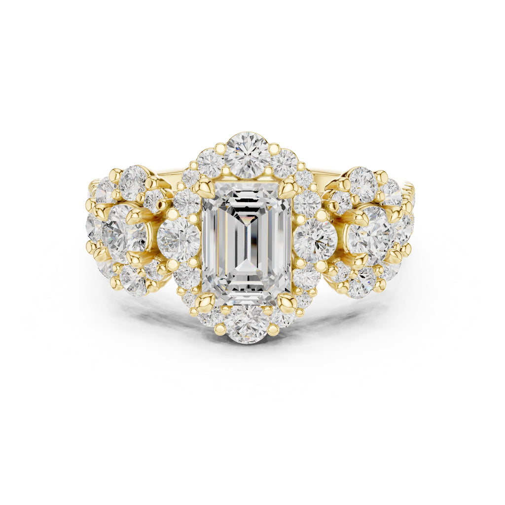 0.30 ct Emerald Cut Cluster Halo Ring 0.3ct Yellow Gold