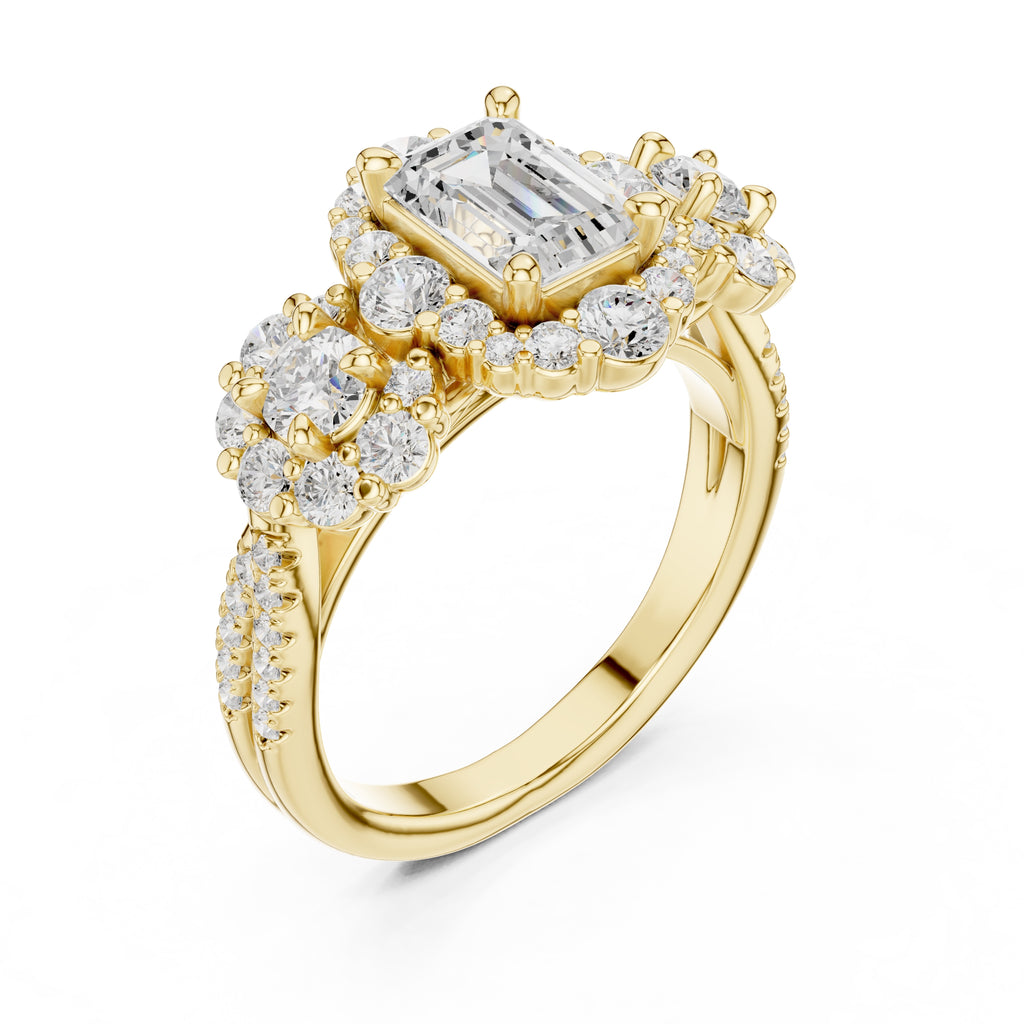 0.30 ct Emerald Cut Cluster Halo Ring 0.3ct Yellow Gold