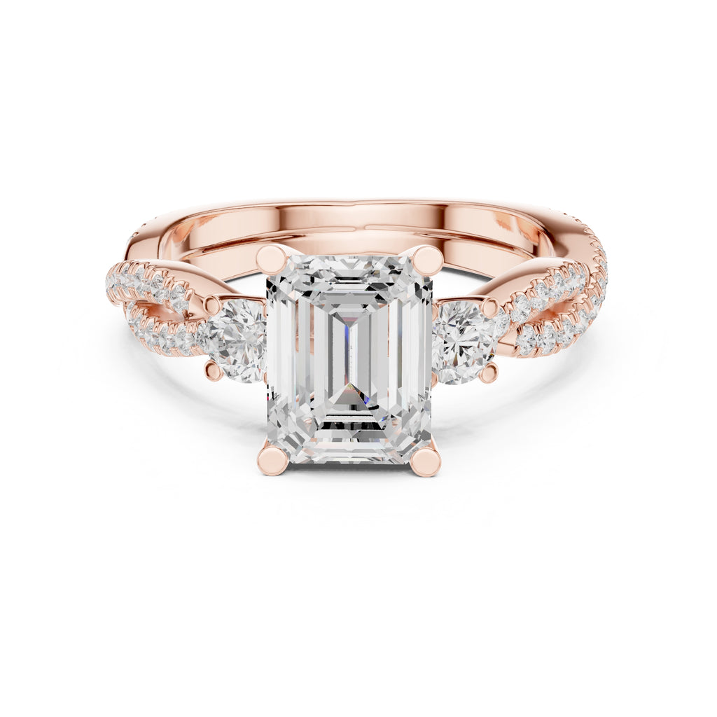 2.00 ct Emerald Cut Split-Shank Three-Stone Ring 2ct Rose Gold