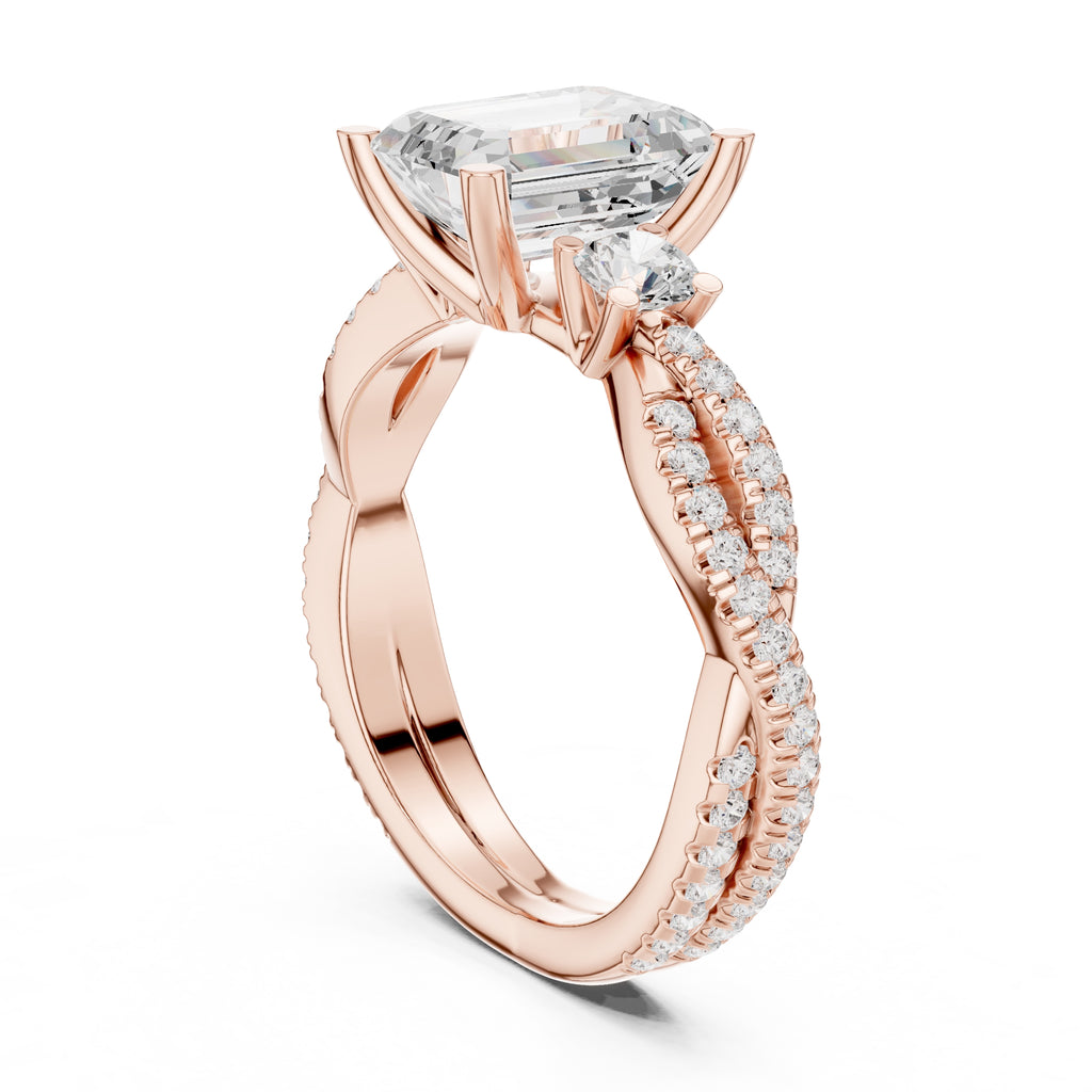 2.00 ct Emerald Cut Split-Shank Three-Stone Ring 2ct Rose Gold