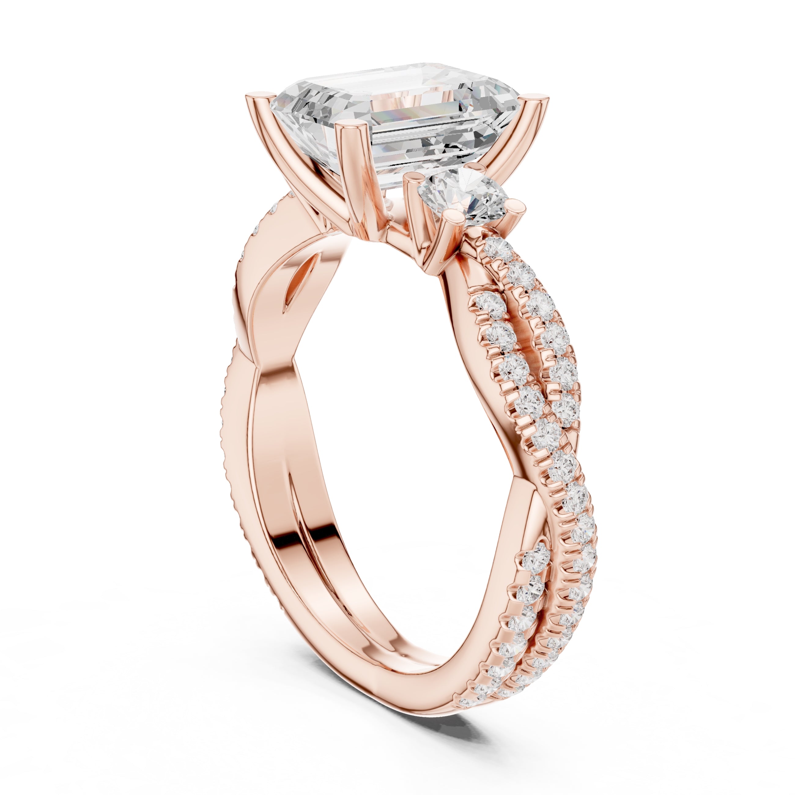 2.00 ct Emerald Cut Split-Shank Three-Stone Ring 2ct Rose Gold