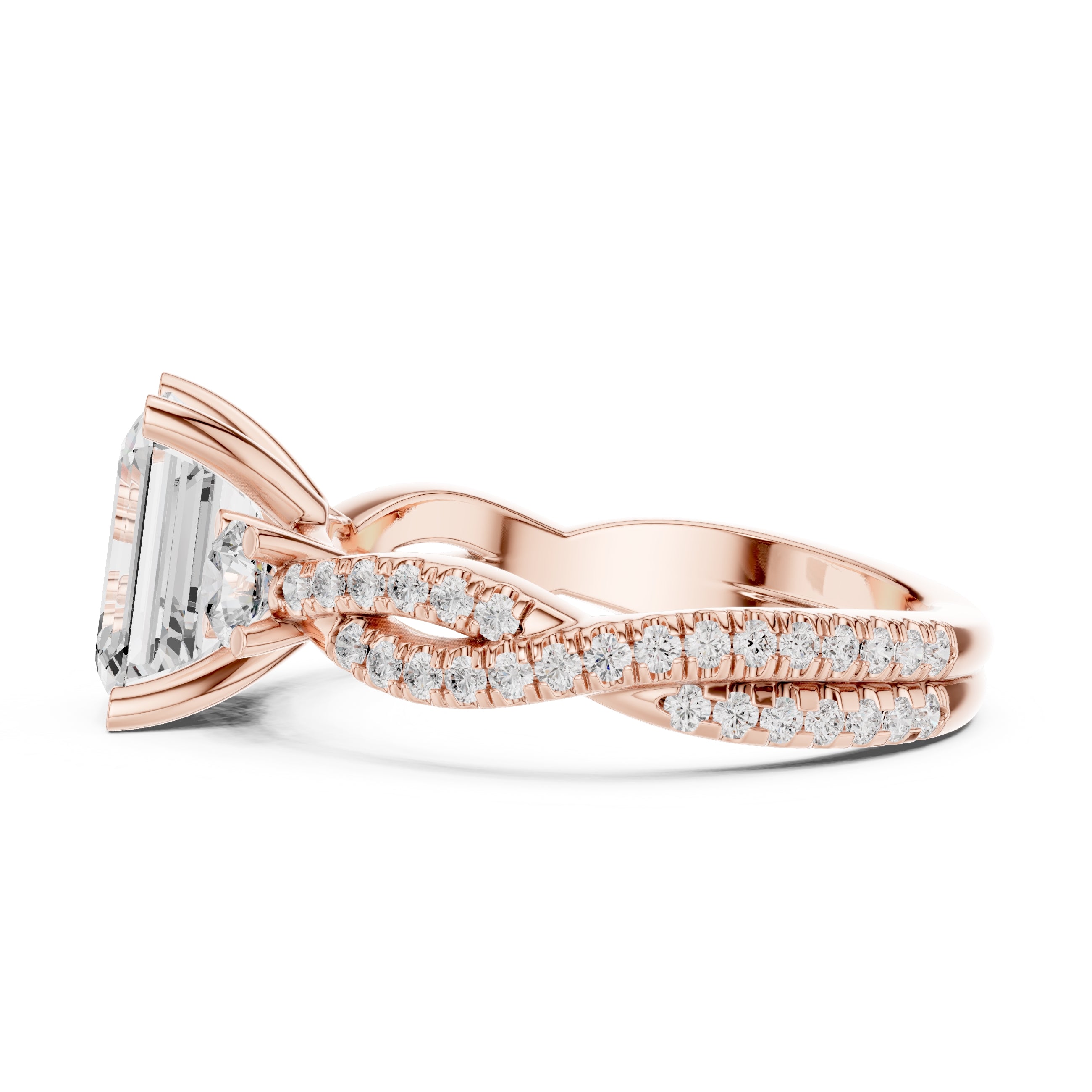 2.00 ct Emerald Cut Split-Shank Three-Stone Ring 2ct Rose Gold