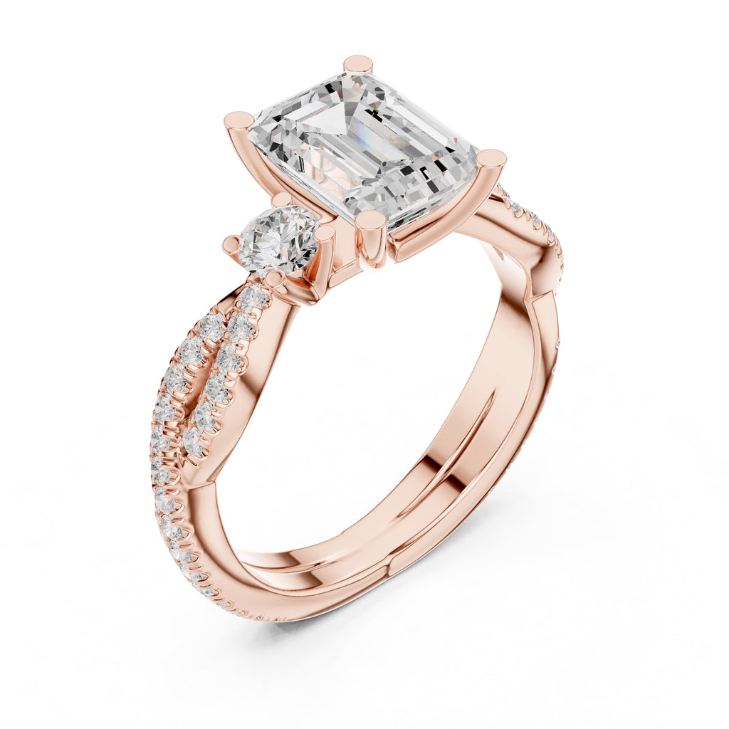 2.00 ct Emerald Cut Split-Shank Three-Stone Ring 2ct Rose Gold