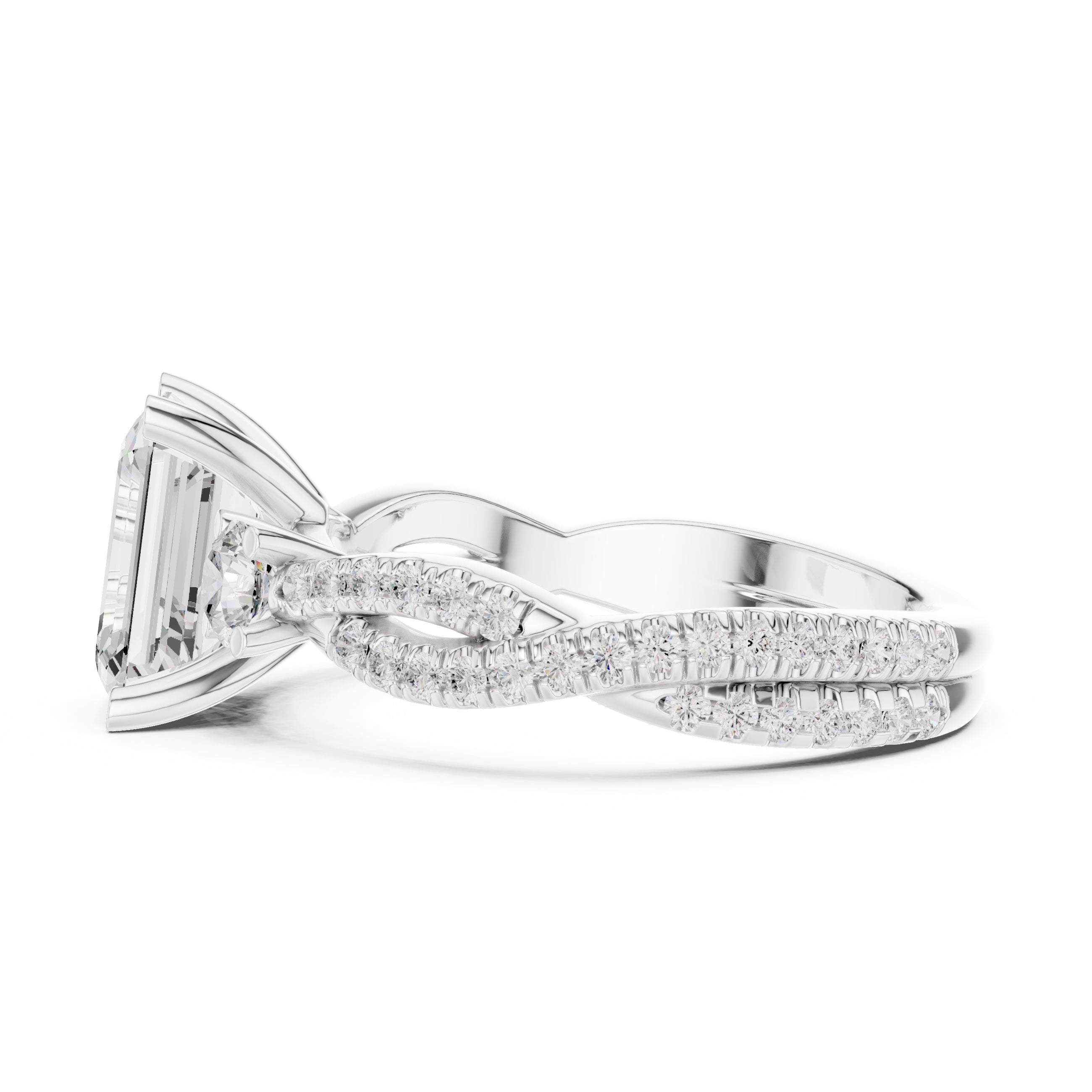 2.00 ct Emerald Cut Split-Shank Three-Stone Ring 2ct White Gold