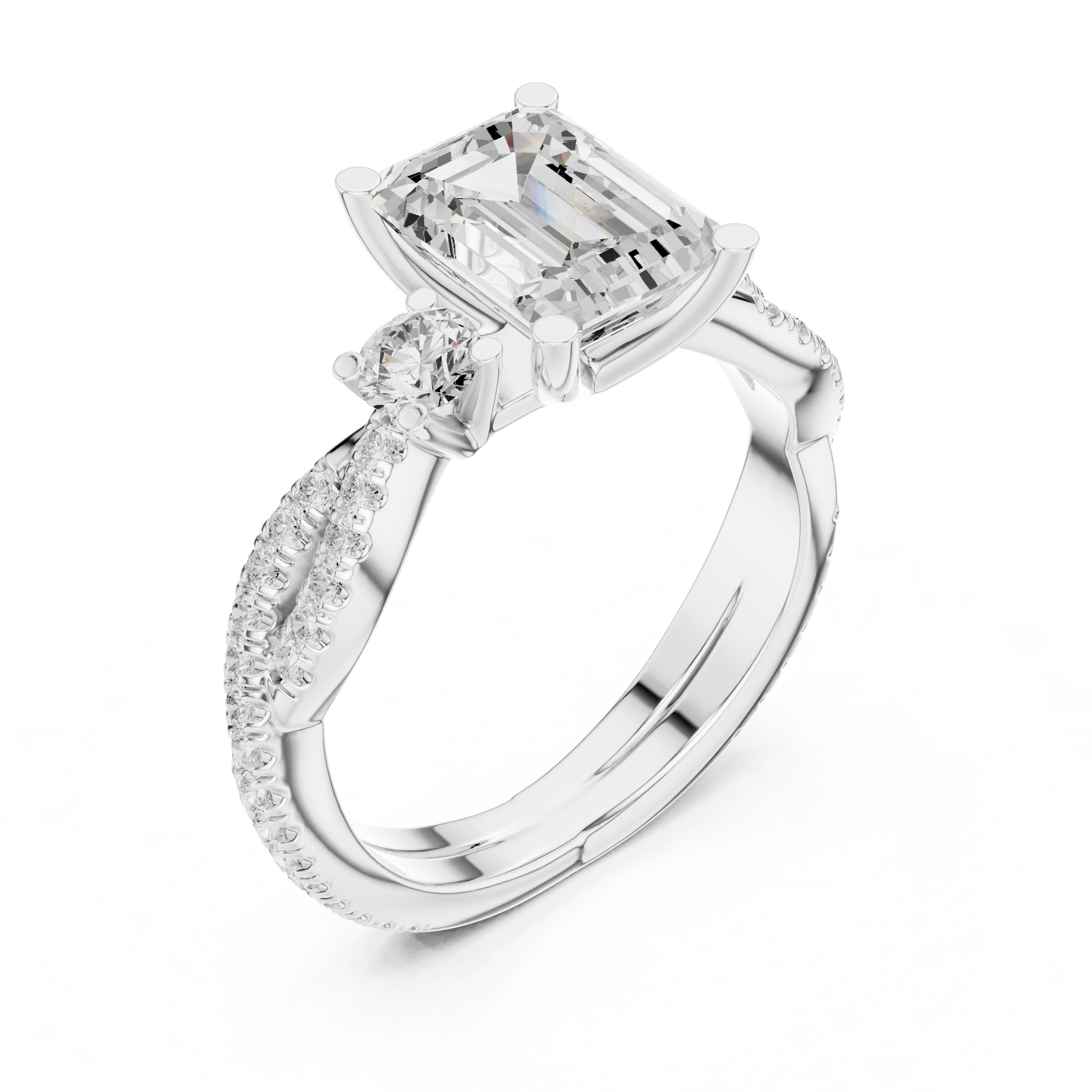 2.00 ct Emerald Cut Split-Shank Three-Stone Ring 2ct White Gold