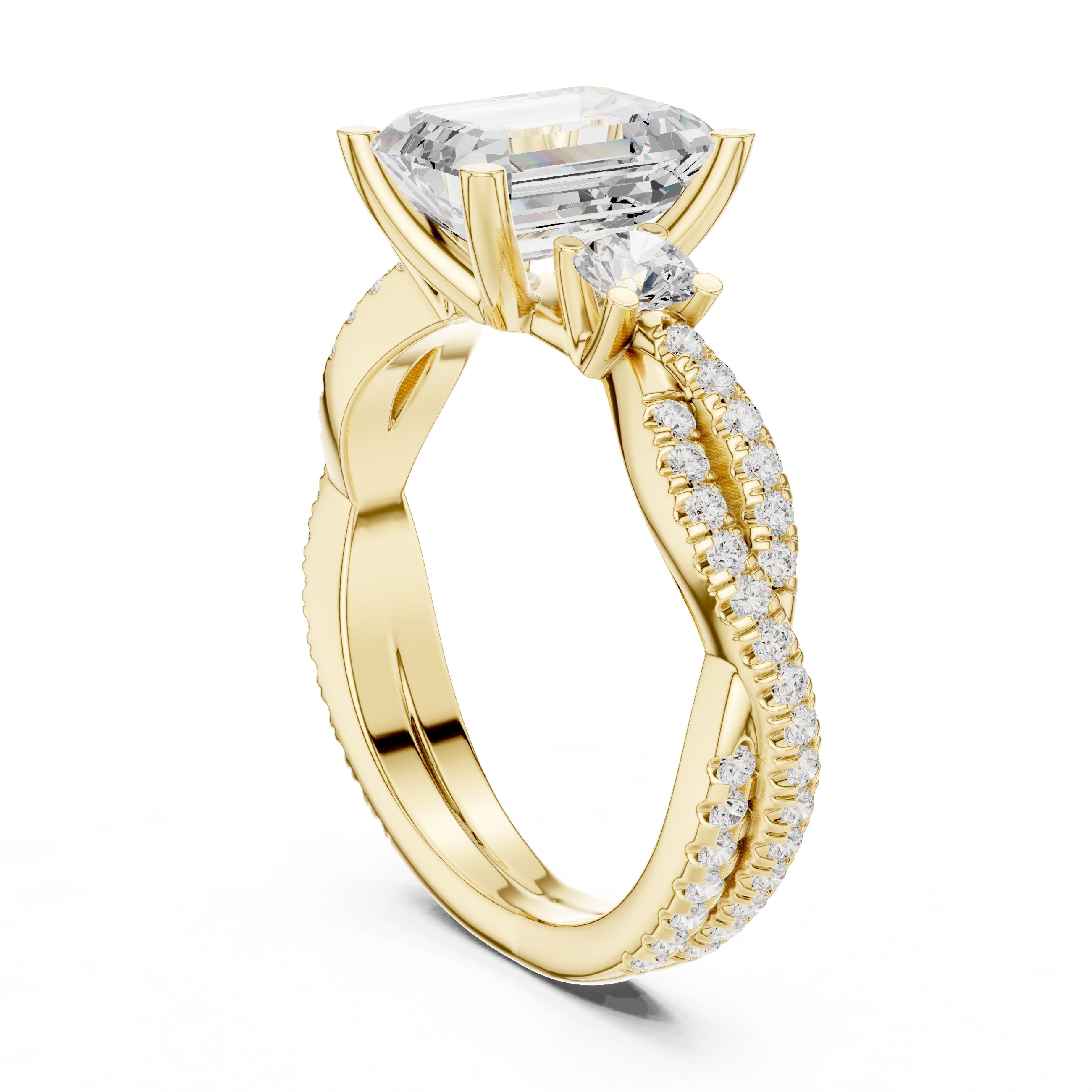 2.00 ct Emerald Cut Split-Shank Three-Stone Ring 2ct Yellow Gold