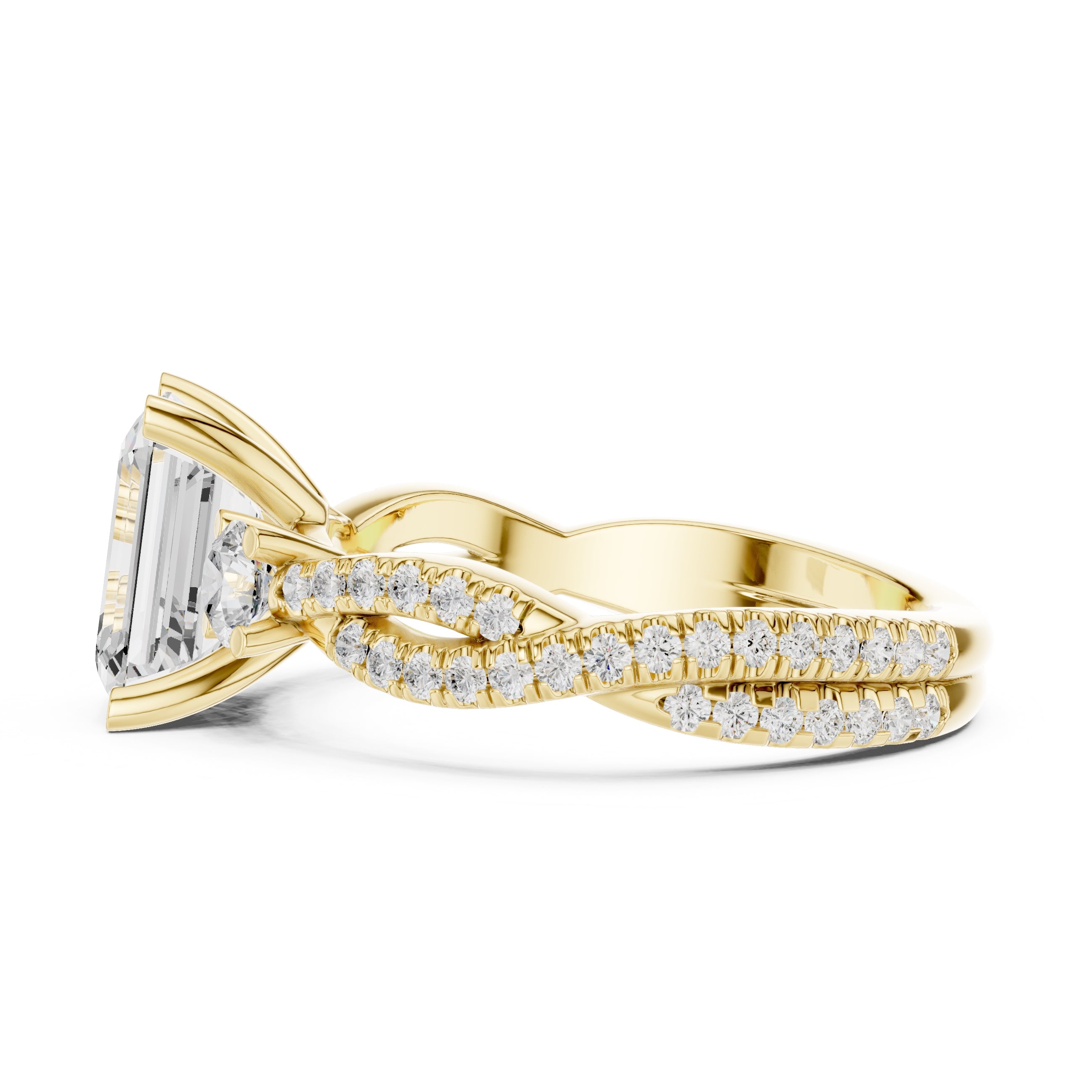 2.00 ct Emerald Cut Split-Shank Three-Stone Ring 2ct Yellow Gold