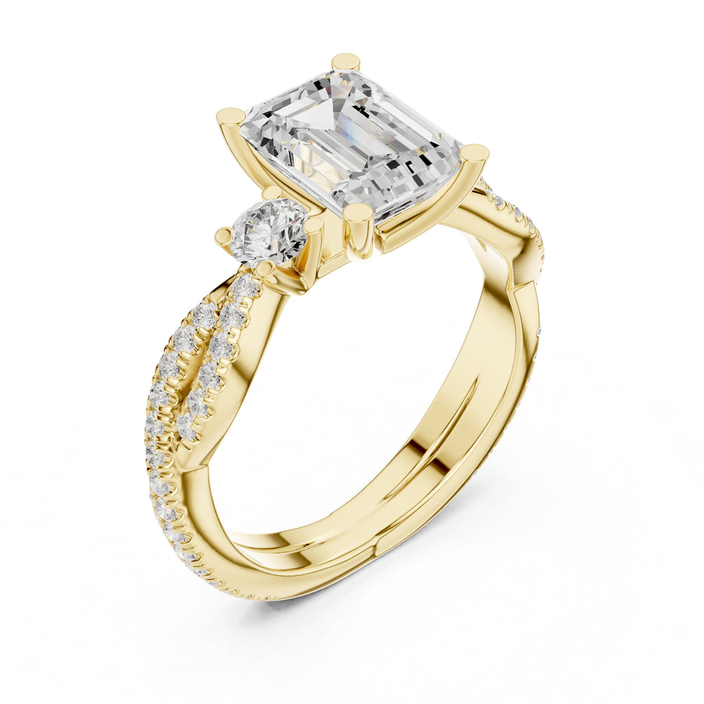 2.00 ct Emerald Cut Split-Shank Three-Stone Ring 2ct Yellow Gold