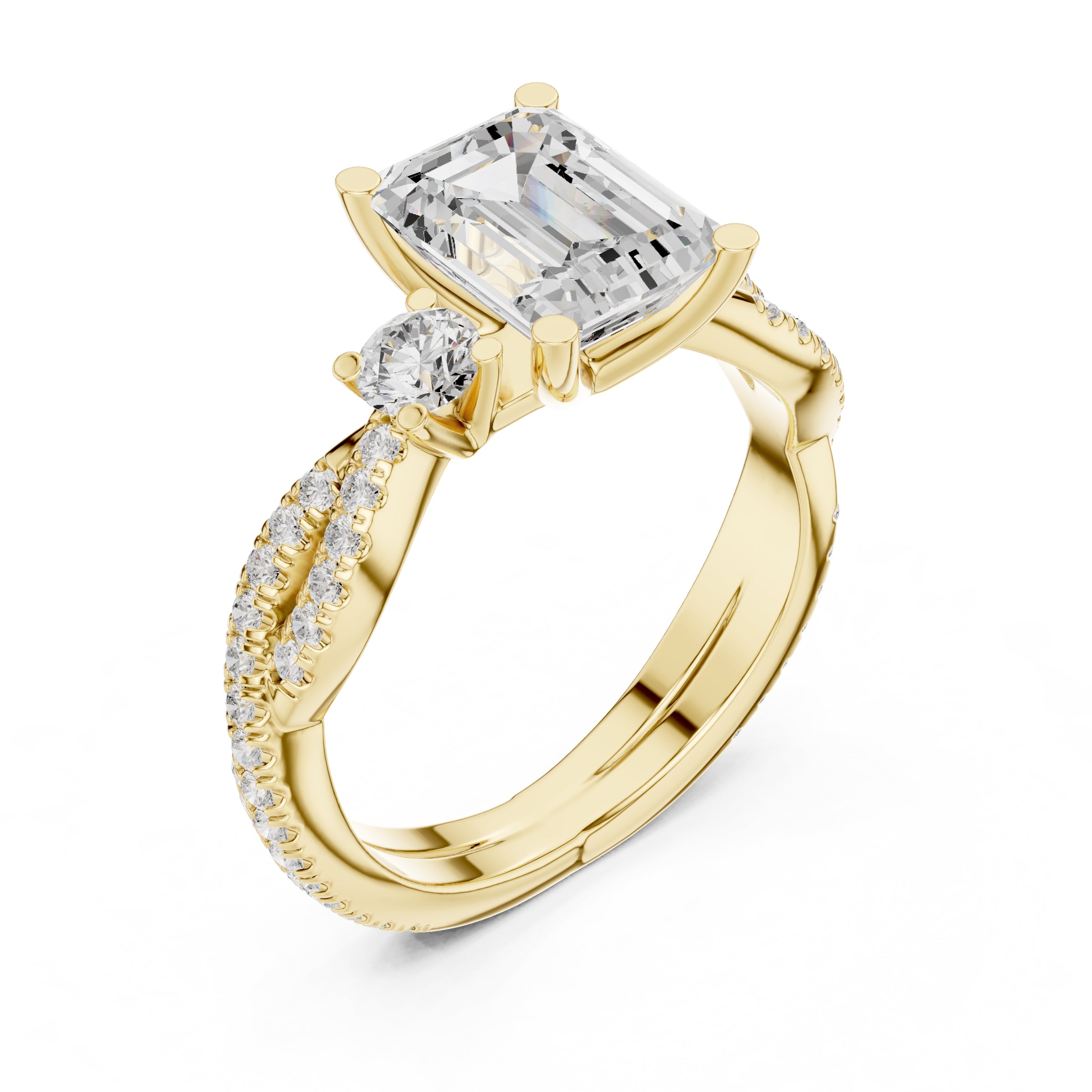 2.00 ct Emerald Cut Split-Shank Three-Stone Ring 2ct Yellow Gold