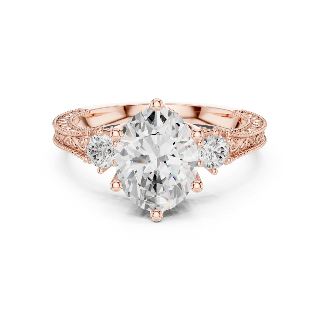 2.50 ct Oval Vintage Filigree Three-Stone Ring 2.5ct Rose Gold