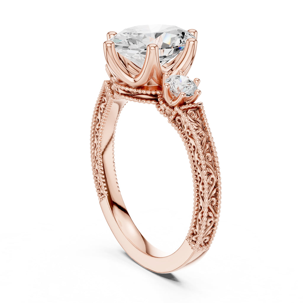 2.50 ct Oval Vintage Filigree Three-Stone Ring 2.5ct Rose Gold