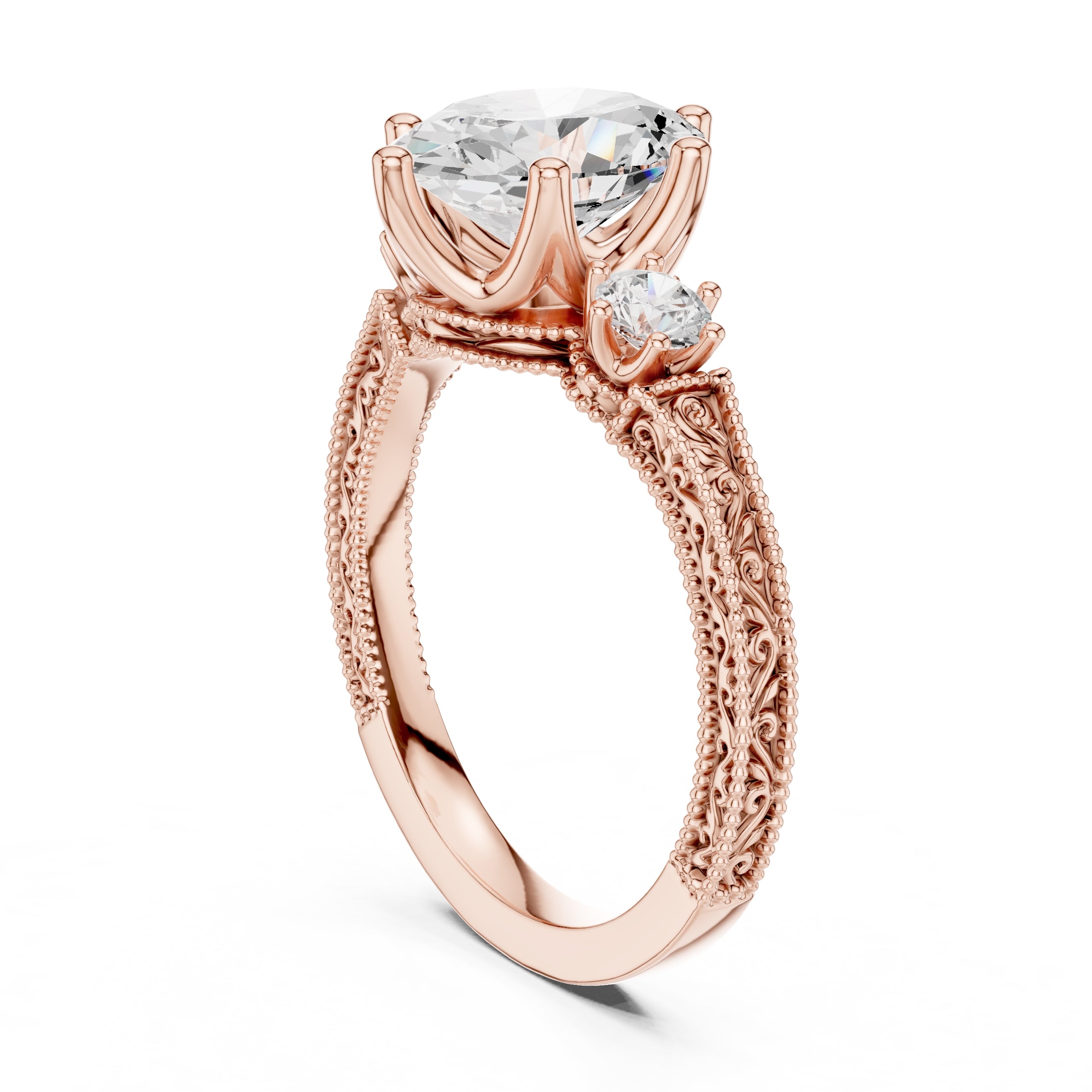 2.50 ct Oval Vintage Filigree Three-Stone Ring 2.5ct Rose Gold
