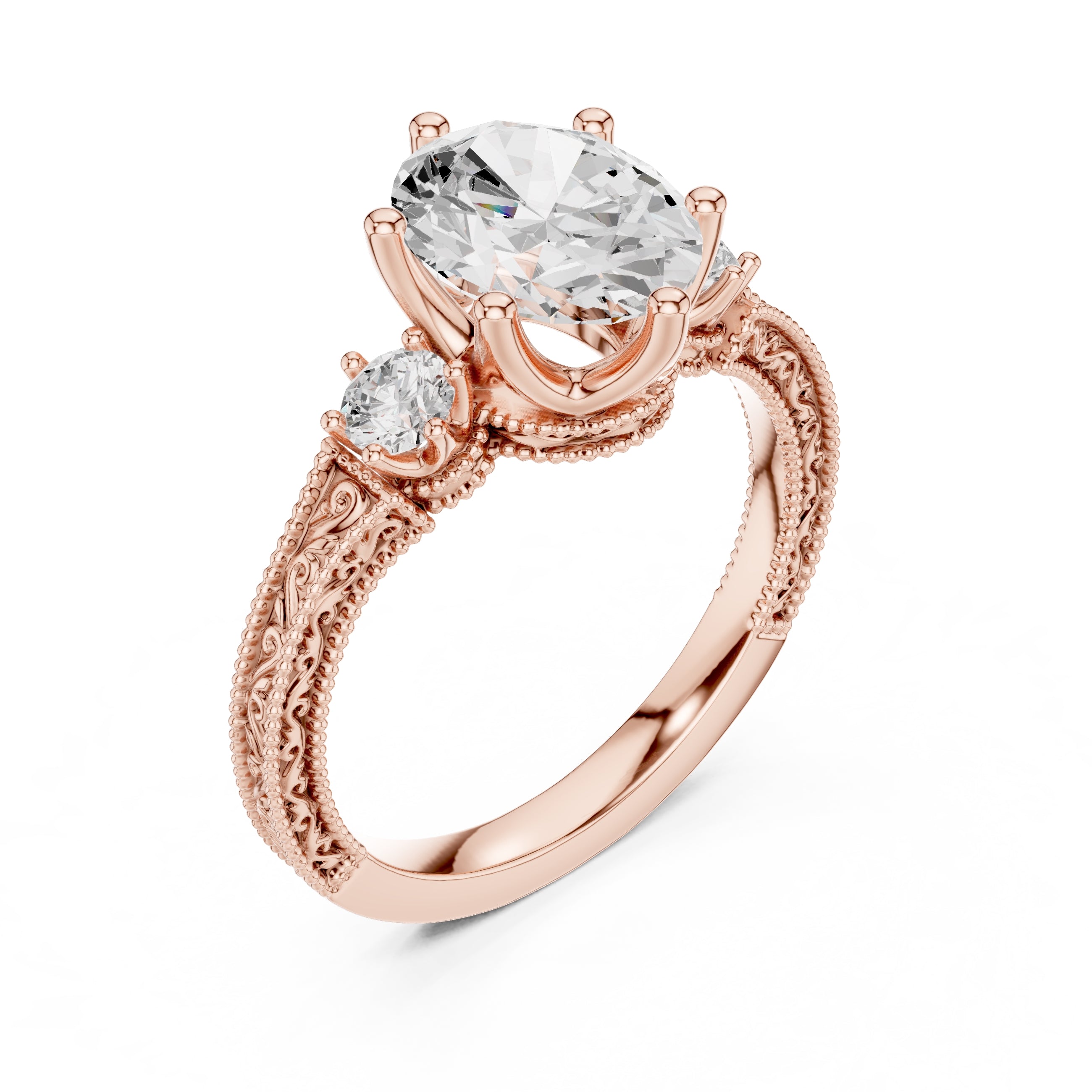 2.50 ct Oval Vintage Filigree Three-Stone Ring 2.5ct Rose Gold