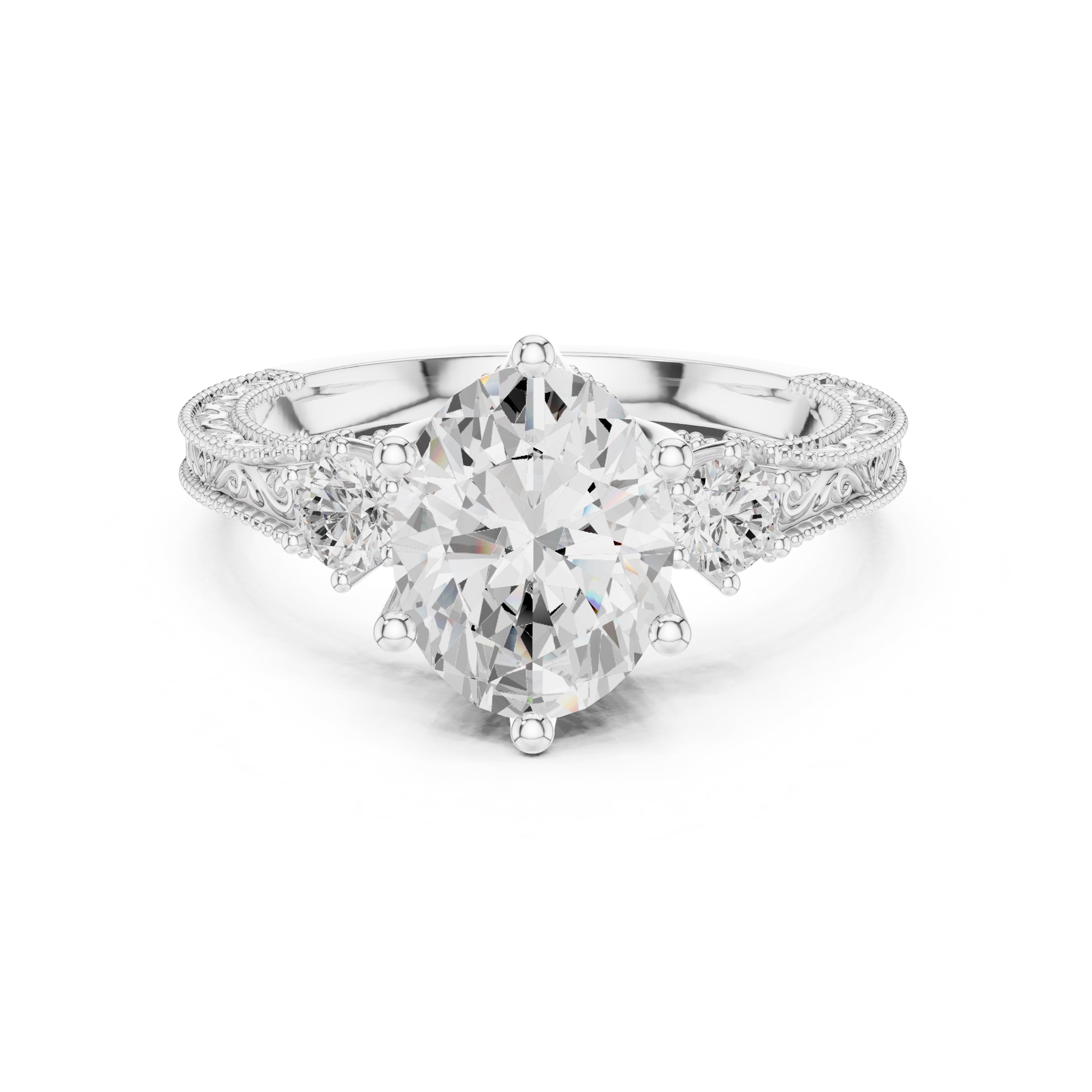 2.50 ct Oval Vintage Filigree Three-Stone Ring 2.5ct White Gold