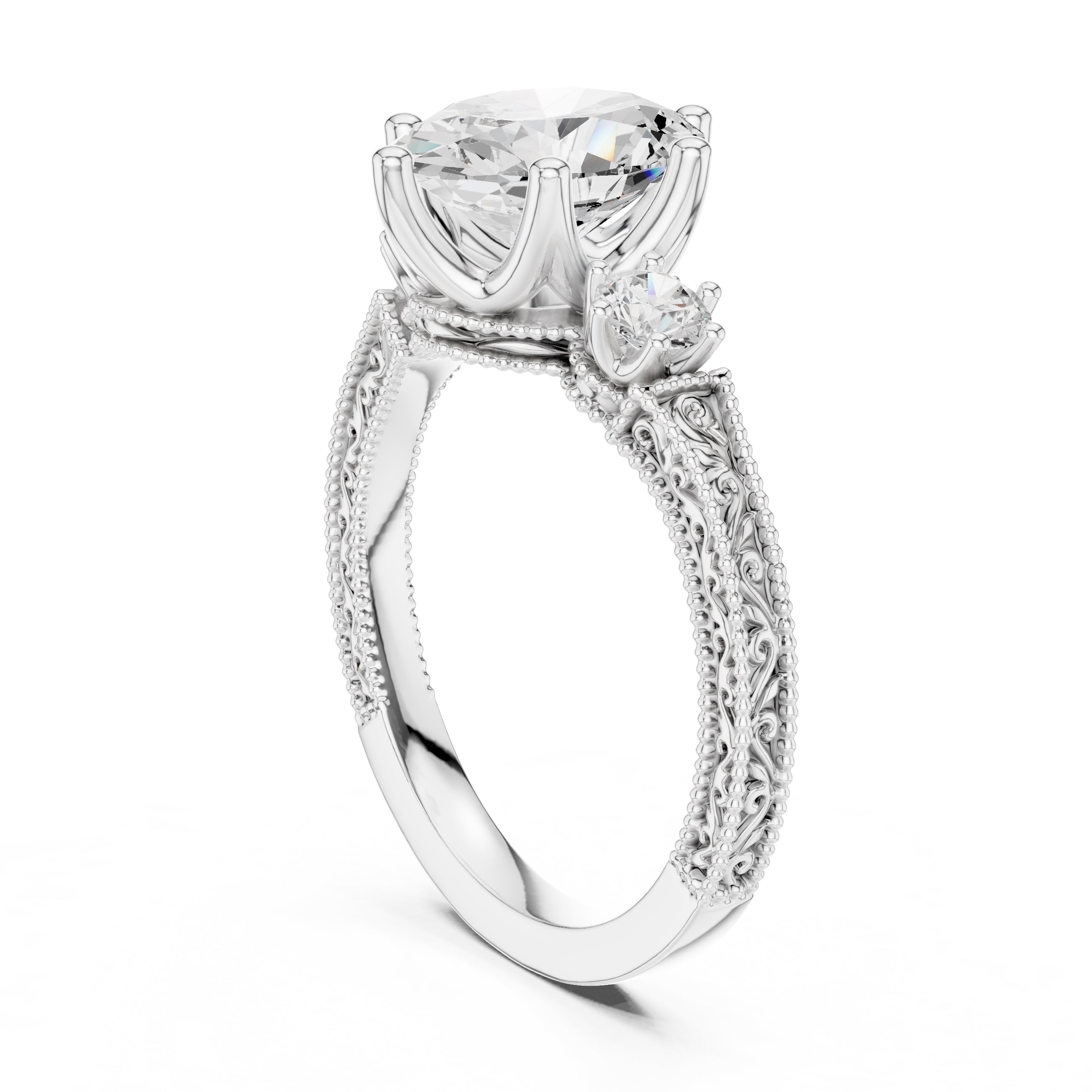 2.50 ct Oval Vintage Filigree Three-Stone Ring 2.5ct White Gold