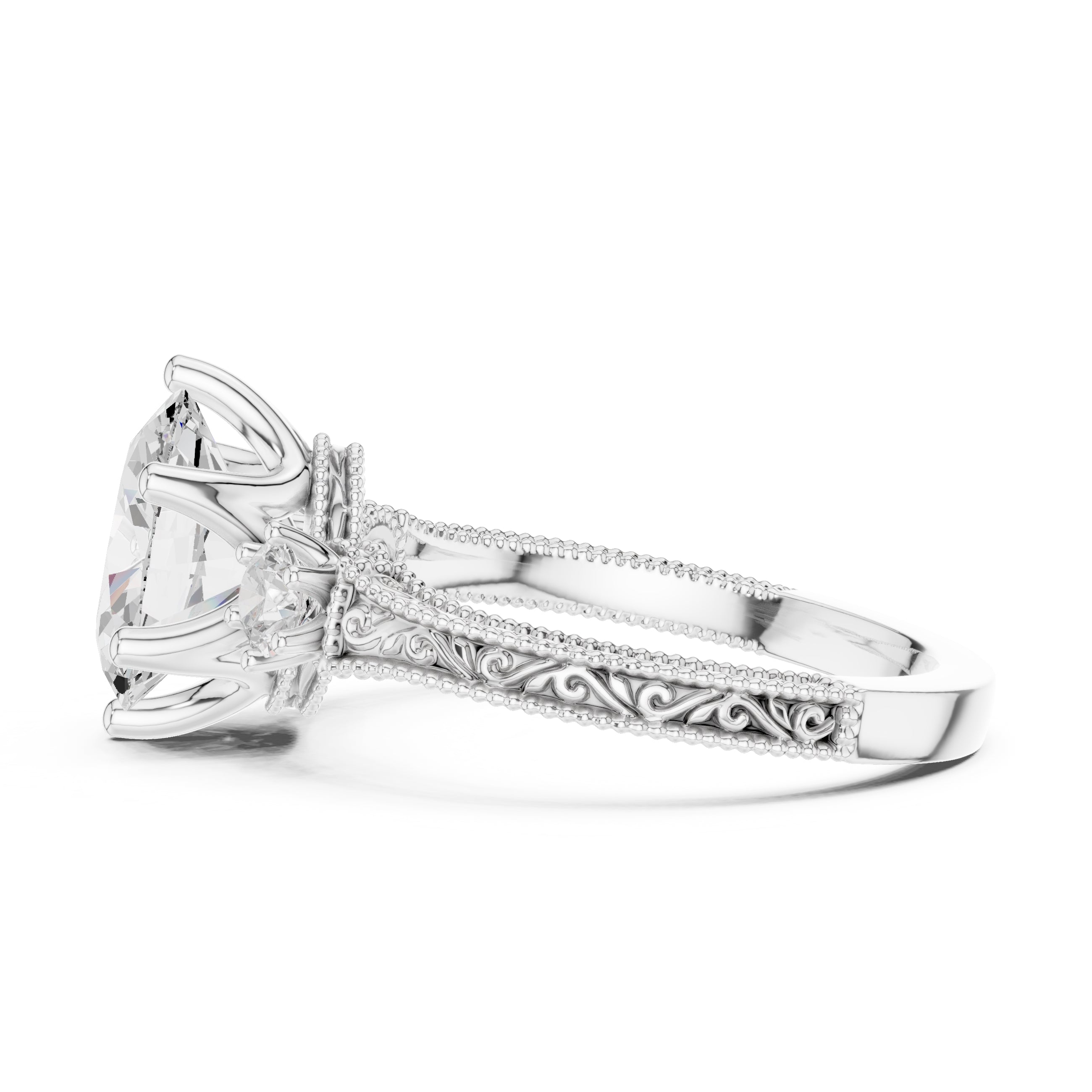 2.50 ct Oval Vintage Filigree Three-Stone Ring 2.5ct White Gold