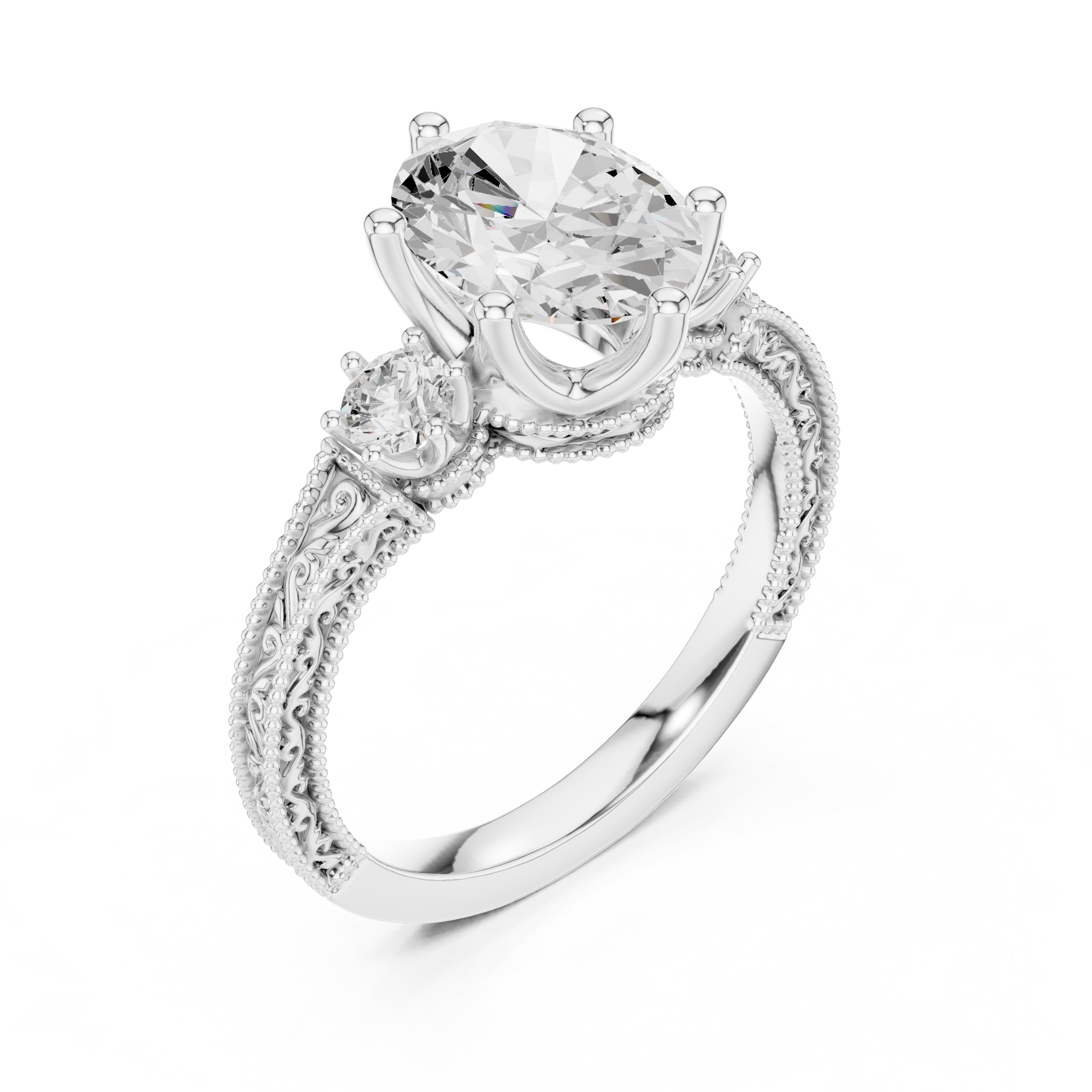 2.50 ct Oval Vintage Filigree Three-Stone Ring 2.5ct White Gold