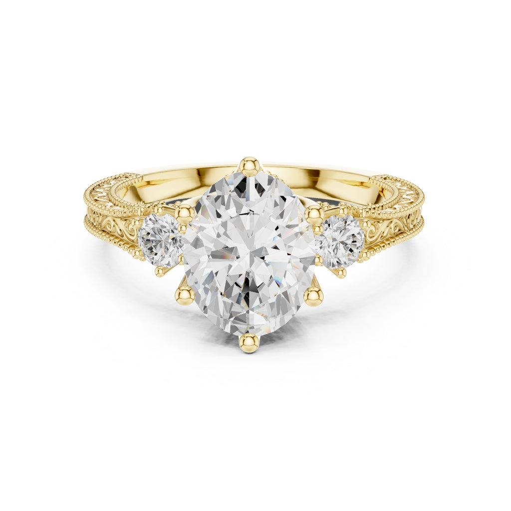 2.50 ct Oval Vintage Filigree Three-Stone Ring 2.5ct Yellow Gold