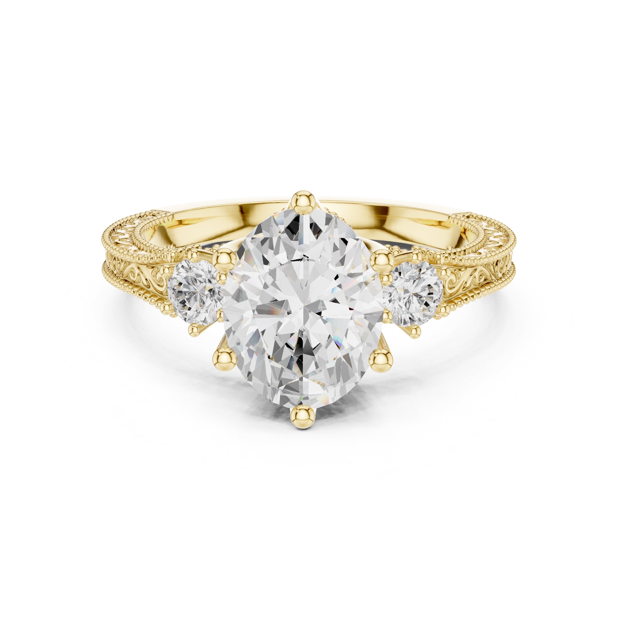 2.50 ct Oval Vintage Filigree Three-Stone Ring 2.5ct Yellow Gold