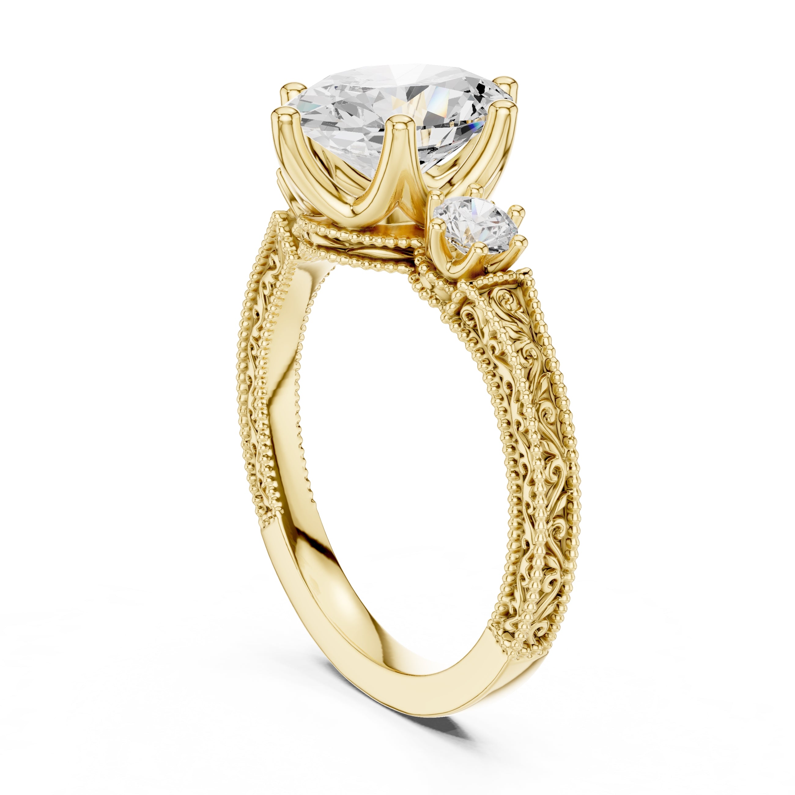 2.50 ct Oval Vintage Filigree Three-Stone Ring 2.5ct Yellow Gold
