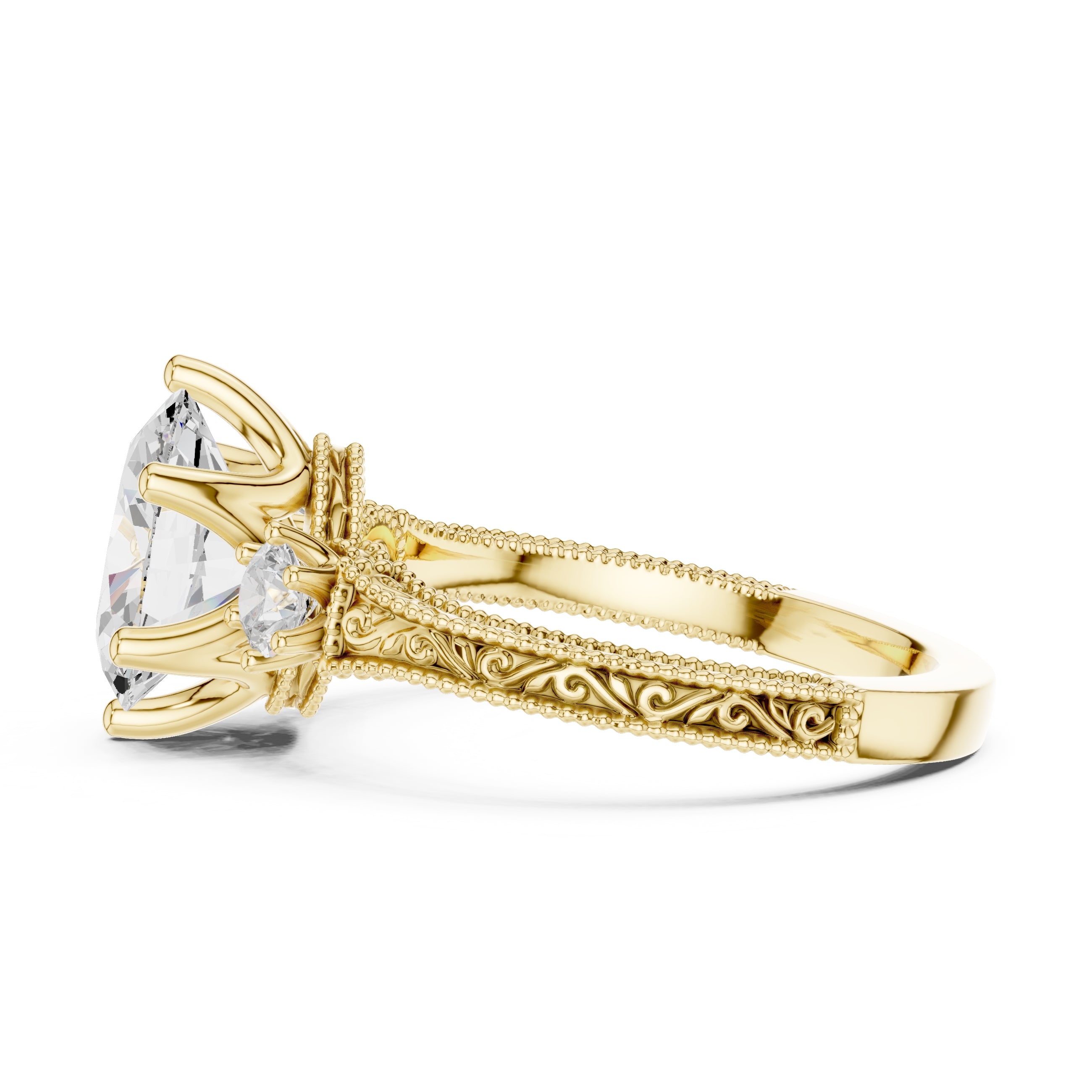2.50 ct Oval Vintage Filigree Three-Stone Ring 2.5ct Yellow Gold