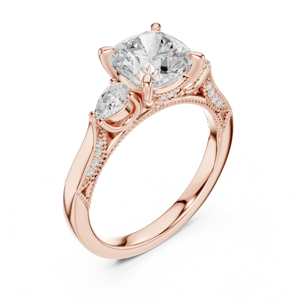 2.00 ct Cushion Pear Three Stone Ring 2ct Rose Gold