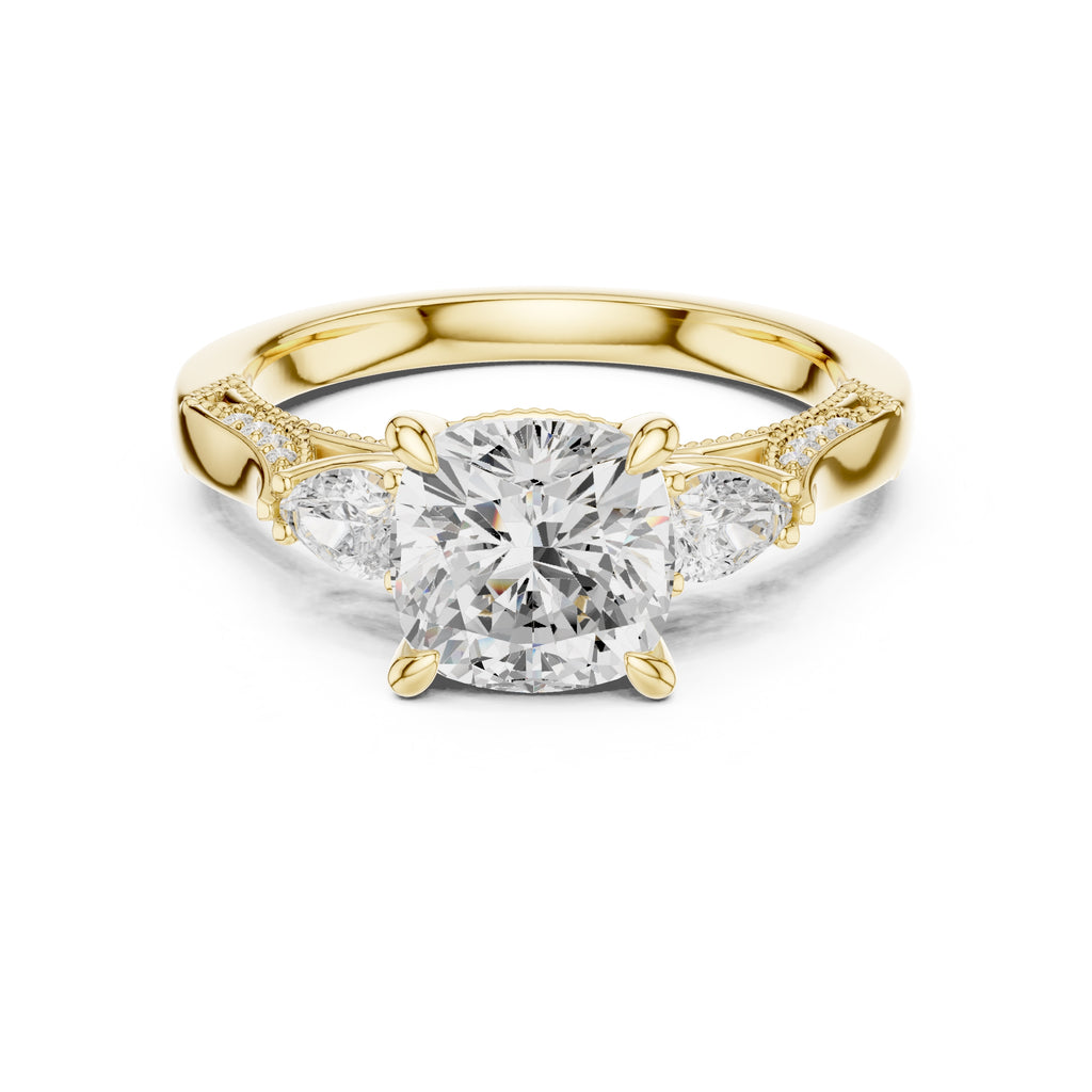 2.00 ct Cushion Pear Three Stone Ring 2ct Yellow Gold