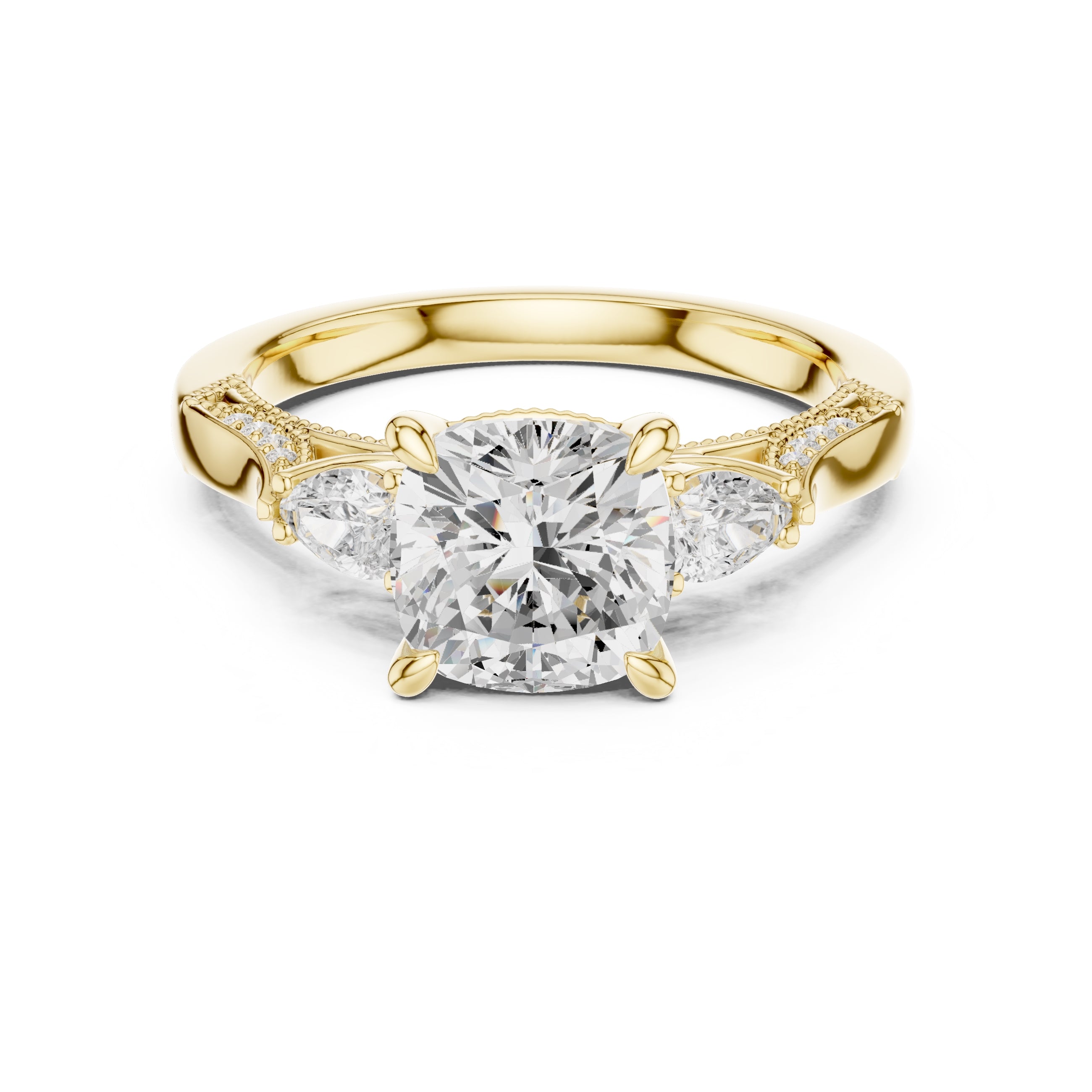 2.00 ct Cushion Pear Three Stone Ring 2ct Yellow Gold