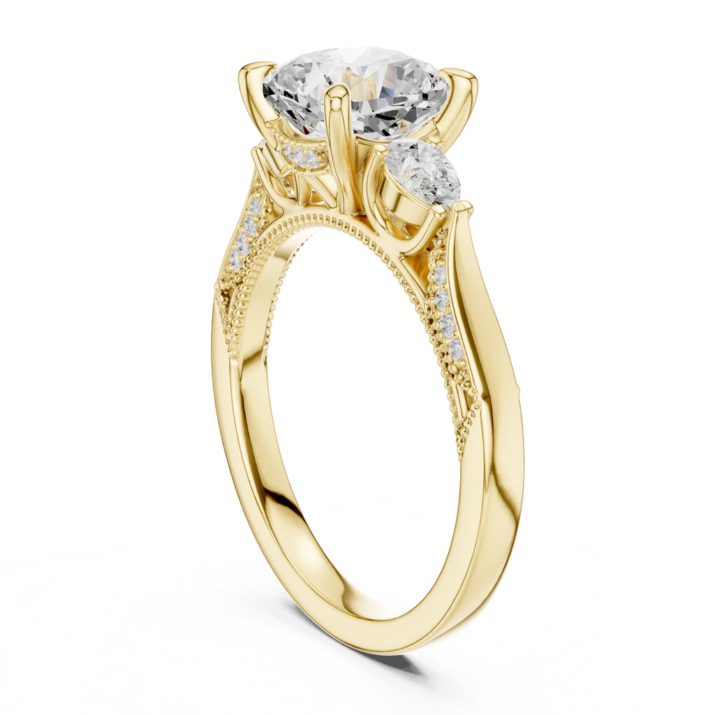 2.00 ct Cushion Pear Three Stone Ring 2ct Yellow Gold