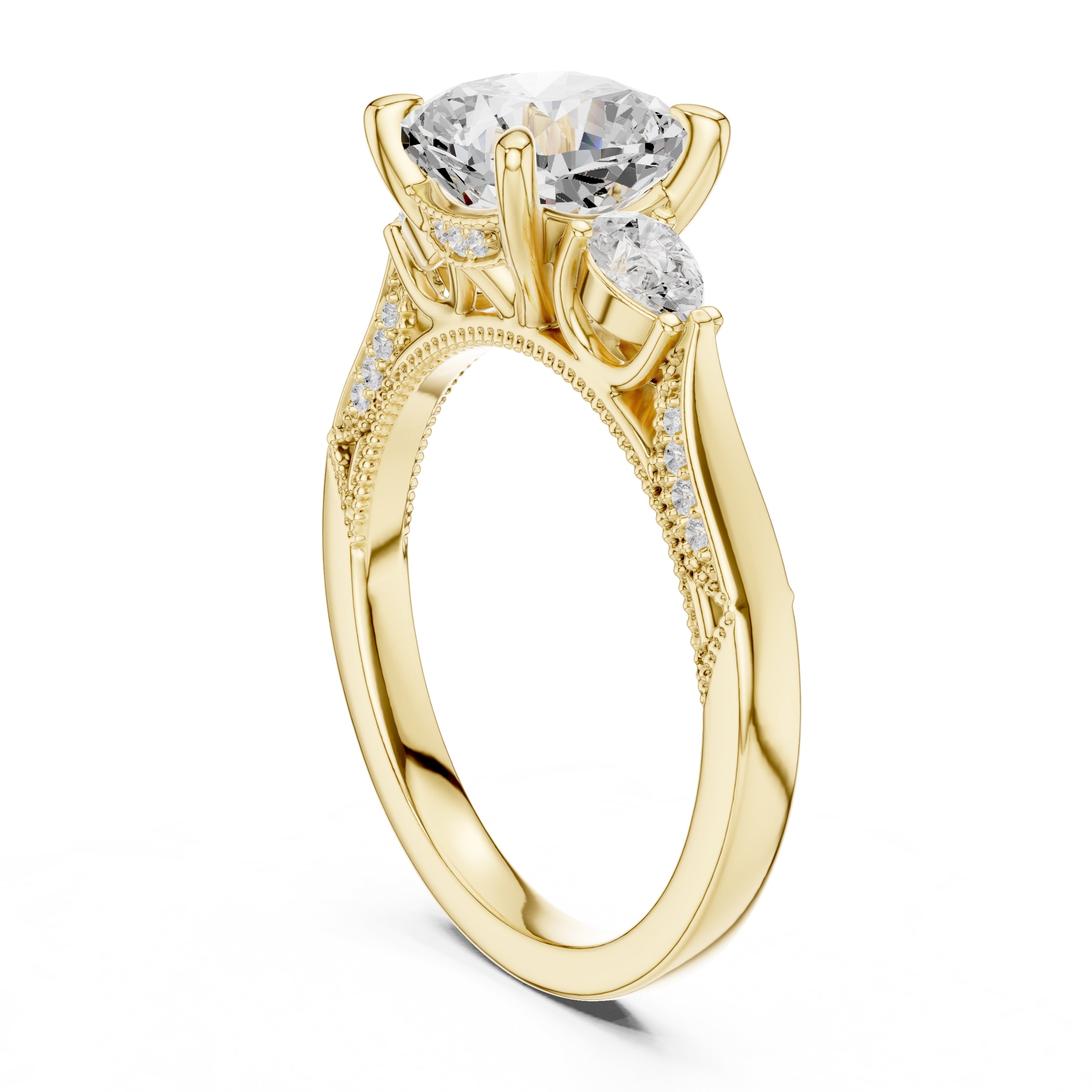 2.00 ct Cushion Pear Three Stone Ring 2ct Yellow Gold