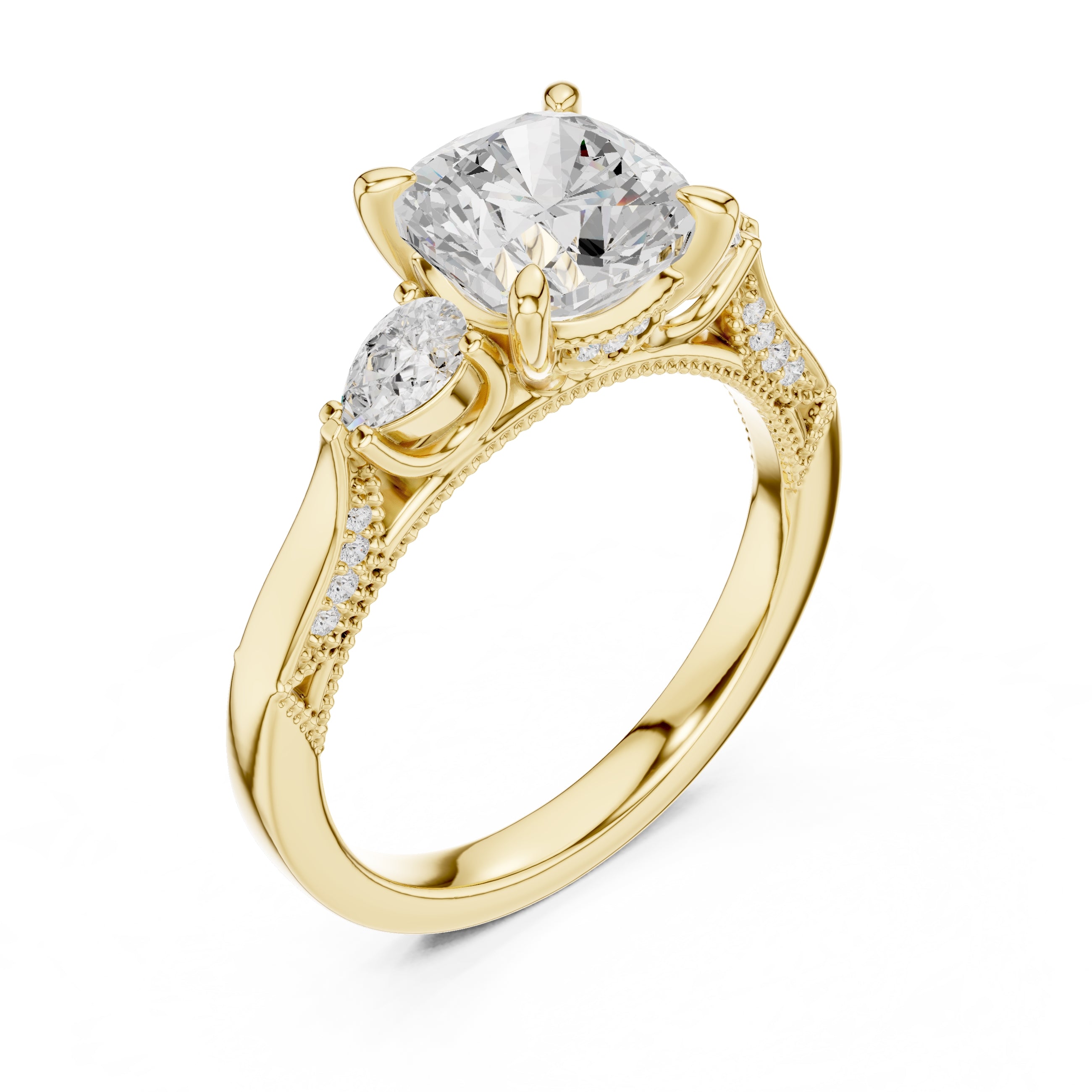 2.00 ct Cushion Pear Three Stone Ring 2ct Yellow Gold